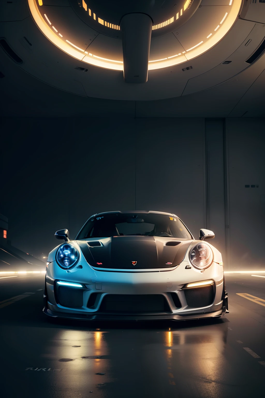 In the heart of a futuristic spaceship, the Porsche 911 GT3 RS, noted for its iconic design and powerful engine, gleams with a glowing effect. Its sleek lines and meticulously crafted details are accentuated by the cinematic lighting within the spacecraft, casting long, dramatic shadows on the high-res, ultra-realistic walls. Neon lighting from the background adds an extra layer of vibrancy, enhancing the 8k, high-definition visual experience. The high-details of the Porsche's engine and body are illuminated, making every crease and curve stand out in stunning clarity.