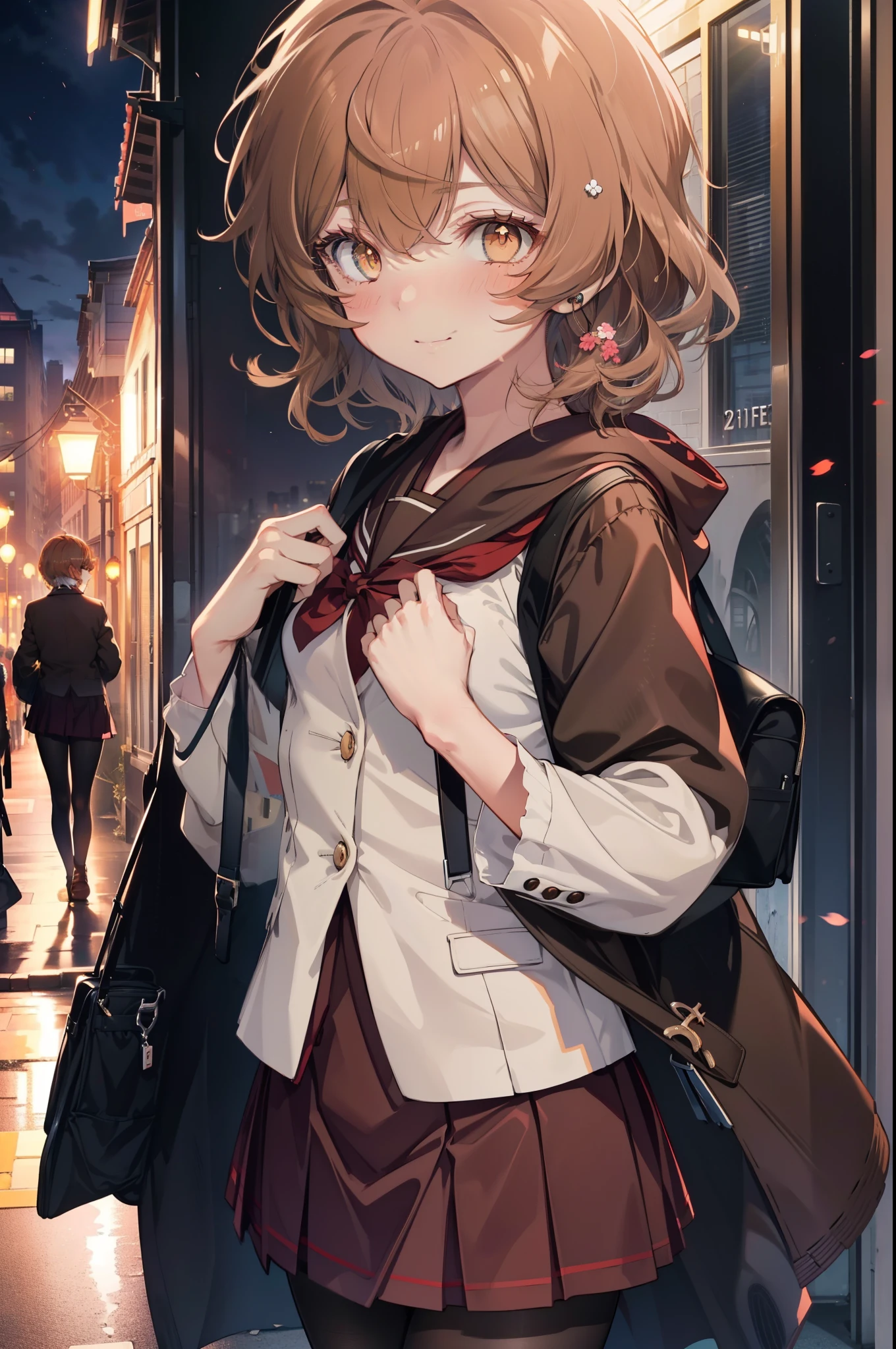 Lililukarde, Liliruka gets burned, (brown eyes:1.7),Height: 140cm, brown hair, (small breasts:1.2),blush,smile, short hair,japanese high school girl uniform(White Y-shirt),blazer There is an open front,Pink cardigan,black pleated skirt,black pantyhose,brown loafers,On the way home from school,evening,夕陽
break looking at viewer,
break outdoors, city,building street,
break (masterpiece:1.2), highest quality, High resolution, unity 8k wallpaper, (figure:0.8), (detailed and beautiful eyes:1.6), highly detailed face, perfect lighting, Very detailed CG, (perfect hands, perfect anatomy),