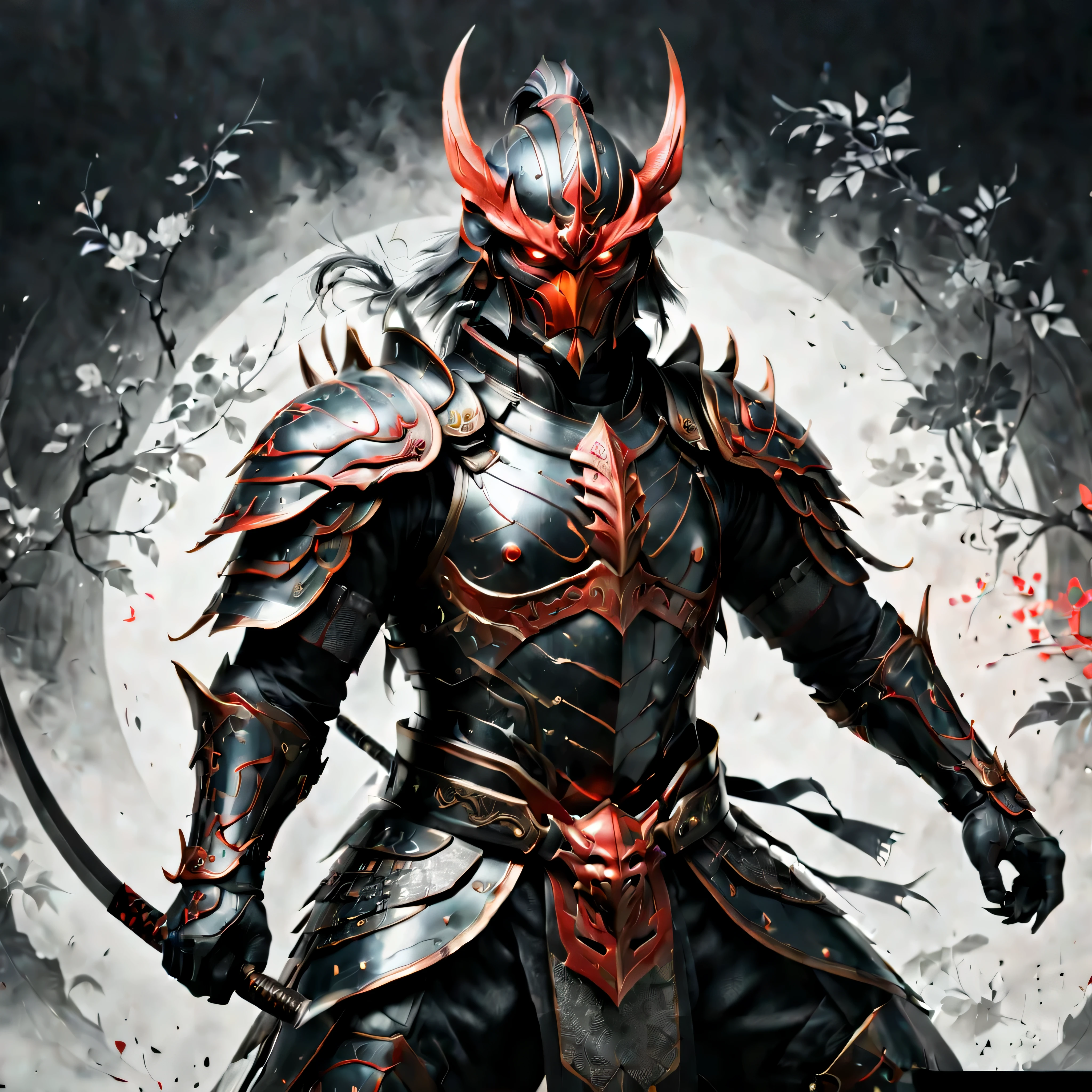 ((Full body):1.2), ((Selective color)), Drawing of a Tengu in Samurai Armor with Red Eye, (a Nodachi sword), smooth lines, fine art piece, Express expressions and postures through ink contrast, emphasize light, shadow and space. figurative art, (best quality, 4K, 8k, high resolution,masterpiece:1.2) ,(actual, photoactual, photo-actual:1.37). 