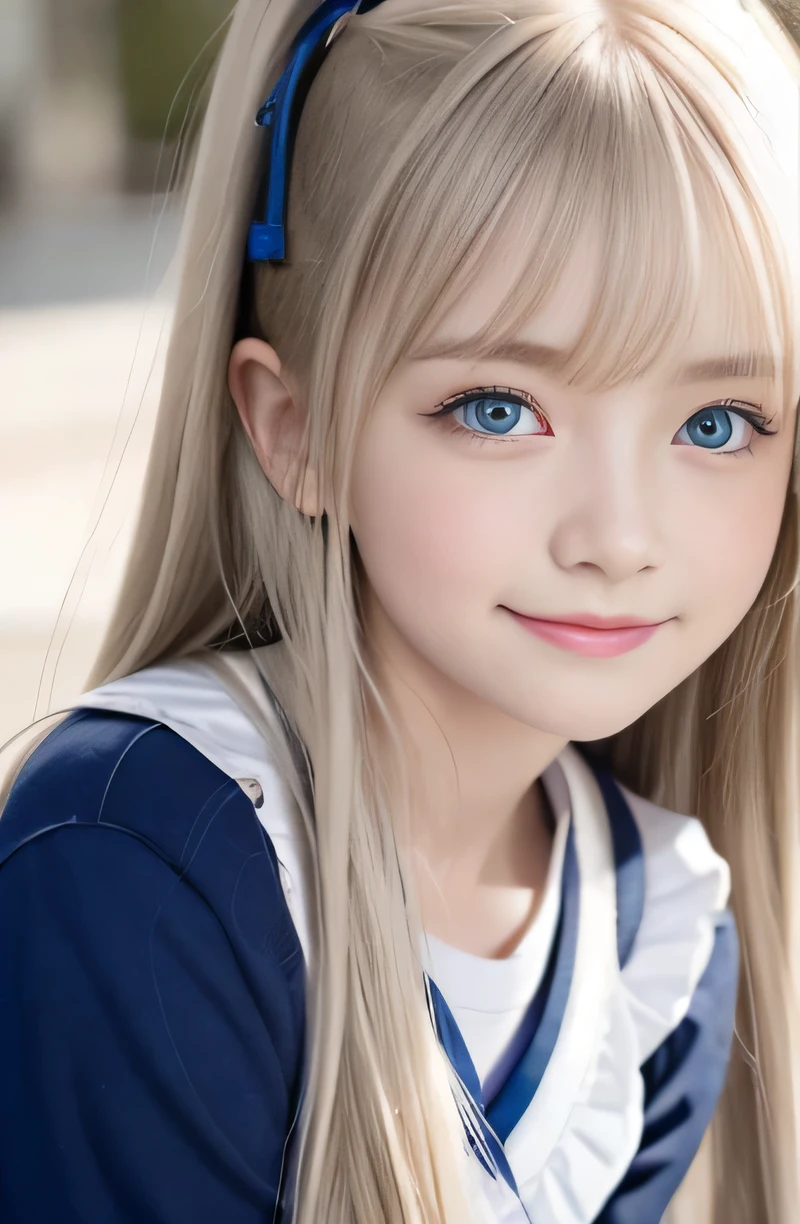 bright look, photorealism, highest quality, Super A high resolution, picture, The most beautiful photos of Nordic girls, cute and beautiful face details, small face, (smile shyly:1.4), (Pueros face_v1:0.008), beautiful bangs, alice in wonderland, beautiful like a fairy, 17 years old, White and shiny skin, Pigtails, Bangs that extend to the face, by bangs, hair between eyes, super long hair, Attractive, silky, super long platinum blonde hair, thin hair, Charming shining beauty bright clear light blue big eyes, (big round eyes, droopy eyes:1.4), (school uniform:1.2), eyeliner, double eyelid, from the waist up,
