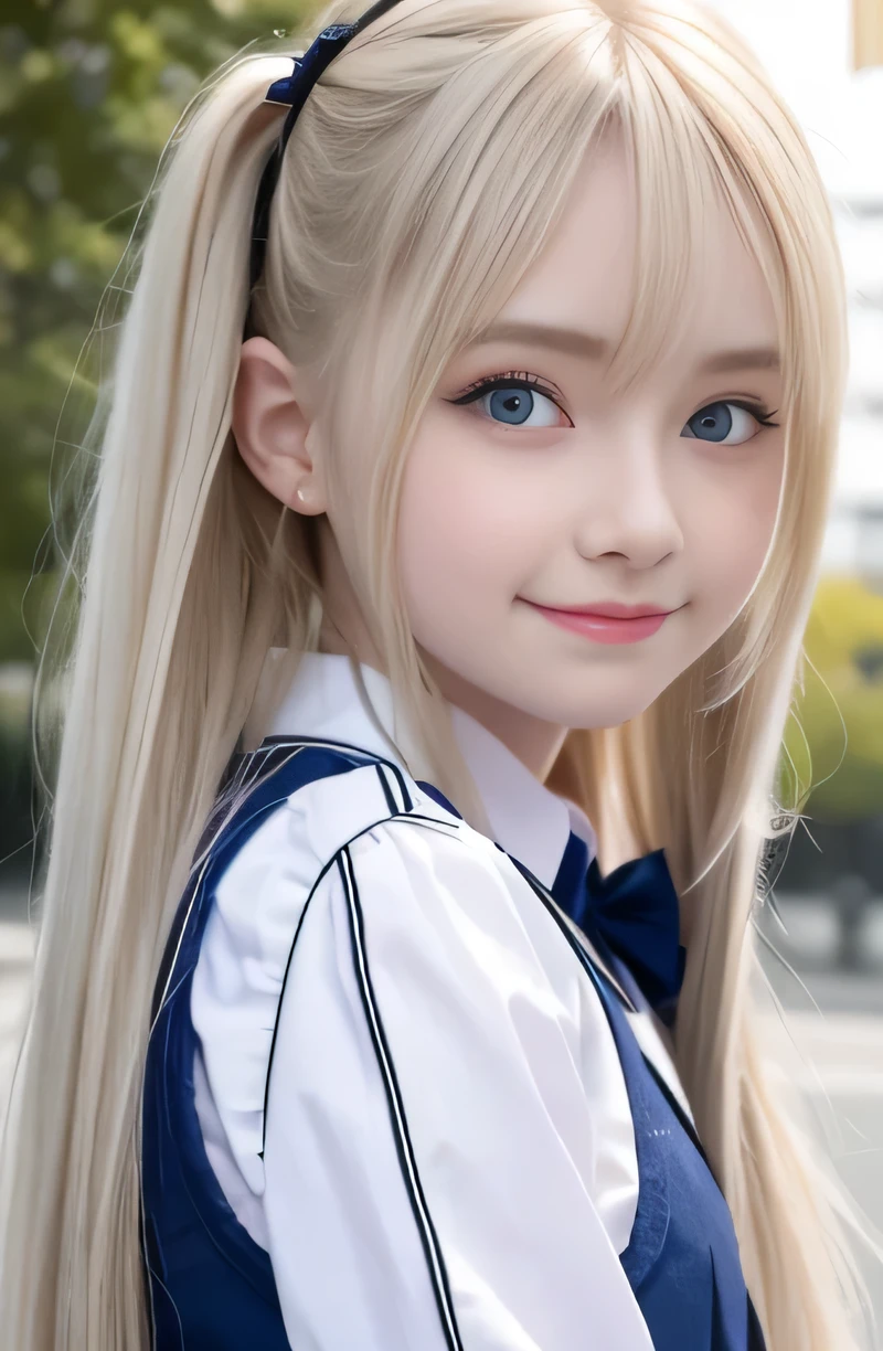 bright look, photorealism, highest quality, Super A high resolution, picture, The most beautiful photos of Nordic girls, cute and beautiful face details, small face, (smile shyly:1.4), (Pueros face_v1:0.008), beautiful bangs, alice in wonderland, beautiful like a fairy, , White and shiny skin, Pigtails, Bangs that extend to the face, by bangs, hair between eyes, super long hair, Attractive, silky, super long platinum blonde hair, thin hair, Charming shining beauty bright clear light blue big eyes, (big round eyes, droopy eyes:1.4), (school uniform:1.2), eyeliner, double eyelid, from the waist up,