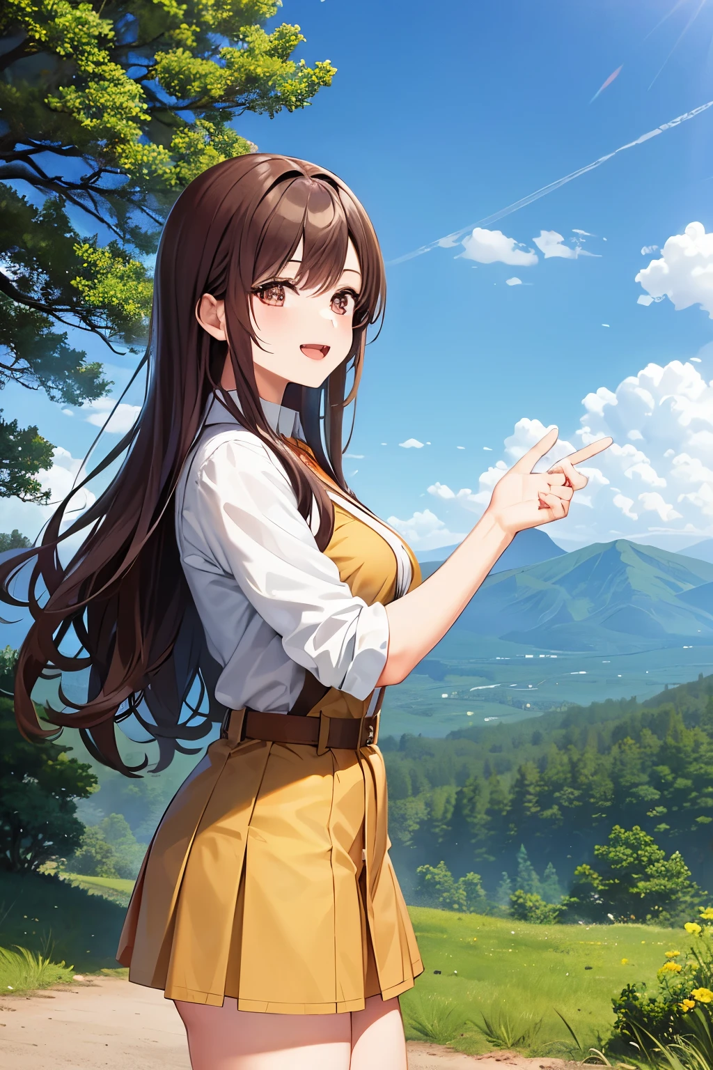 An anime girl at a national park, outdoors, 22 years old, perfect anime quality, beautiful scenery, mountains, trees, hills, path, perfect face, perfect long curly brown hair, photo quality, happy, cowboy shot