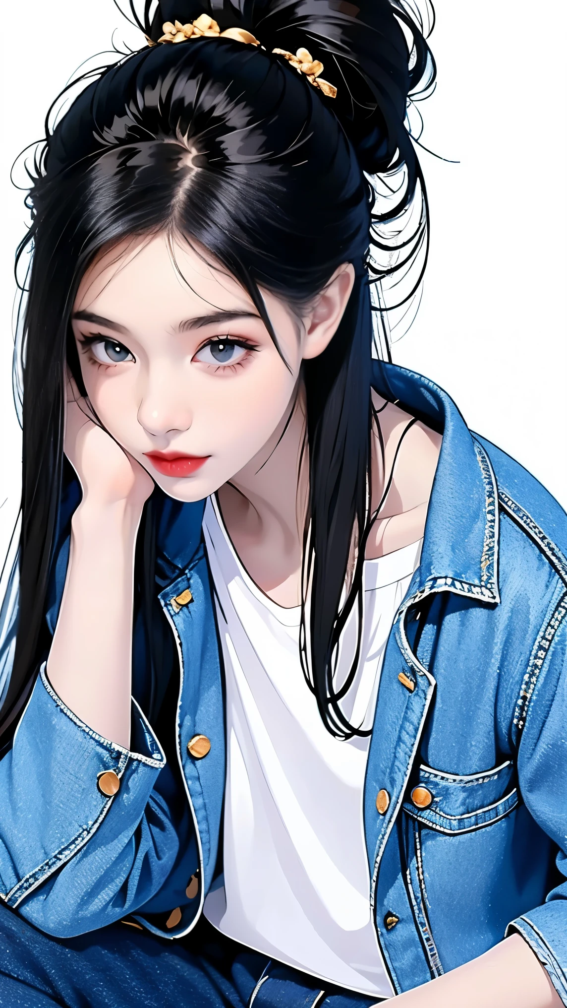 masterpiece, best quality, ((pure white background)), Permanently installed, black hair bun,cold noodle, whole body, denim jacket, Black T-shirt, casual pants, (fashion clothing), happy, Light effect, soft, super clear, HD pictures, (front)