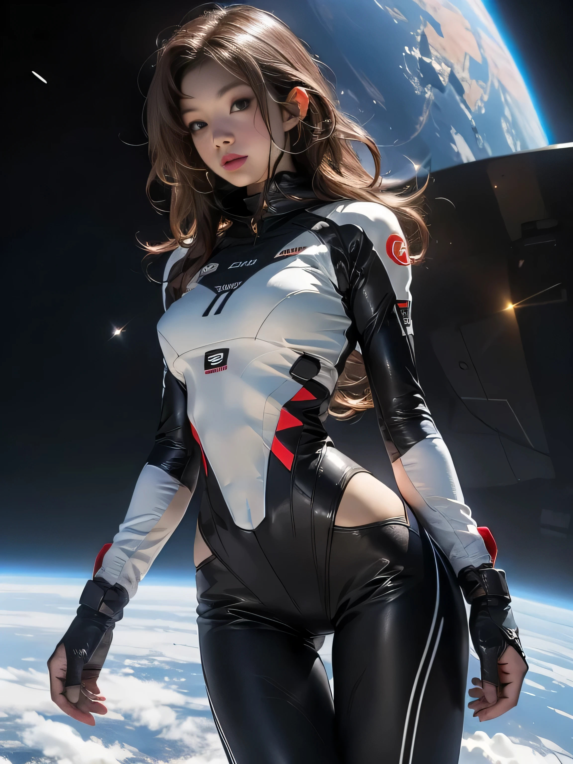 sandy hair muscular large breasts slender thighs slender waist pilot suit solo looking at viewer in space long hair blushing determination, Full body Shot
