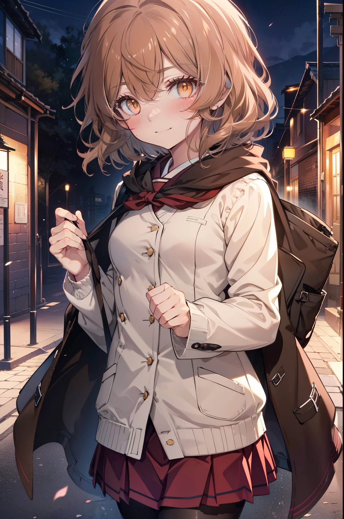 Lililukarde, Liliruka gets burned, (brown eyes:1.7),Height: 140cm, brown hair, (small breasts:1.2),blush,smile, short hair,japanese high school girl uniform(White Y-shirt),blazer There is an open front,Pink cardigan,black pleated skirt,black pantyhose,brown loafers,On the way home from school,evening,夕陽
break looking at viewer,
break outdoors, city,building street,
break (masterpiece:1.2), highest quality, High resolution, unity 8k wallpaper, (figure:0.8), (detailed and beautiful eyes:1.6), highly detailed face, perfect lighting, Very detailed CG, (perfect hands, perfect anatomy),