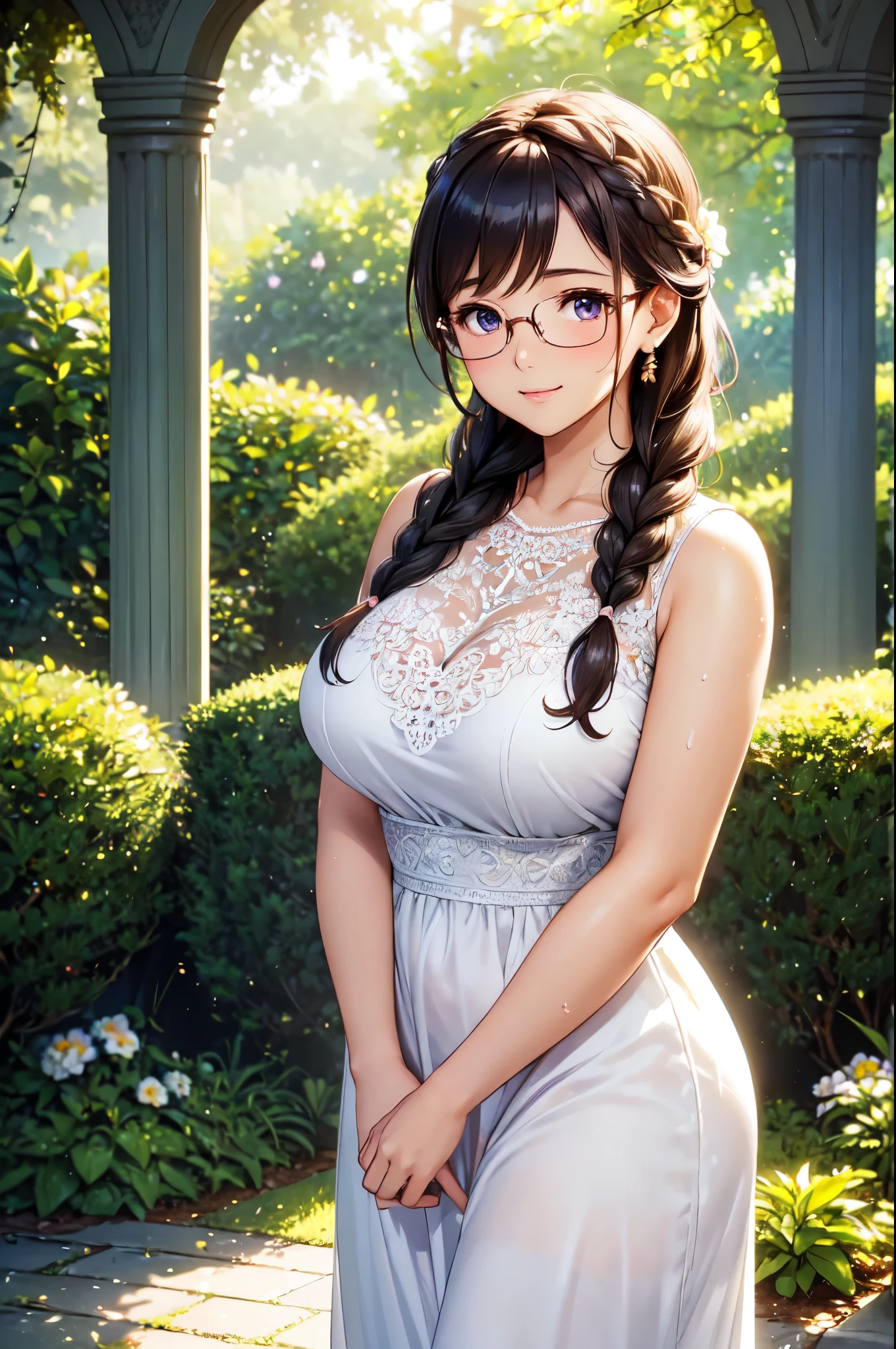 (High quality, High resolution, Fine details), standing in a lush garden, surrounded by colorful flowers and tall trees, sunlight filtering through the leaves, casting a warm and gentle glow, White dress with superb lace work, solo, curvy women, beautiful braided hair, large round glasses, sparkling eyes, (Detailed eyes:1.2), smile, blush, Sweat, Oily skin, warm tones, lighting is soft, shallow depth of field
