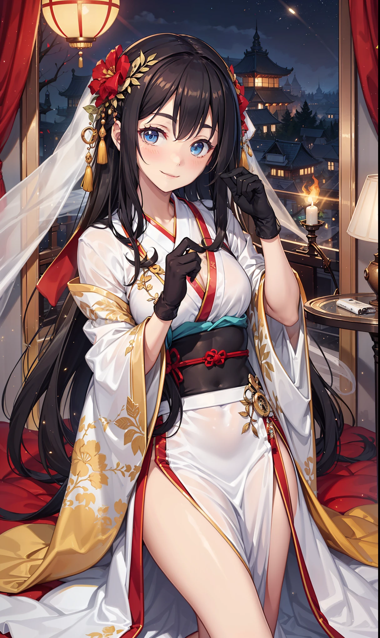 saints，Elegant and charming，Smile，in love，(Transparent colorful Hanfu，Sophisticated and gorgeous design)，black gloves，silver hair，blue eyes，see through transparent clothes，Exquisite hair accessories，Transparent lace，Engraving pattern，dress nicely，The background is an old Chinese palace，Inside the hall，elegant posture，night，Carved suspender boots，Super super details，Divine magic，light particles，Exquisite and beautiful face and eyes