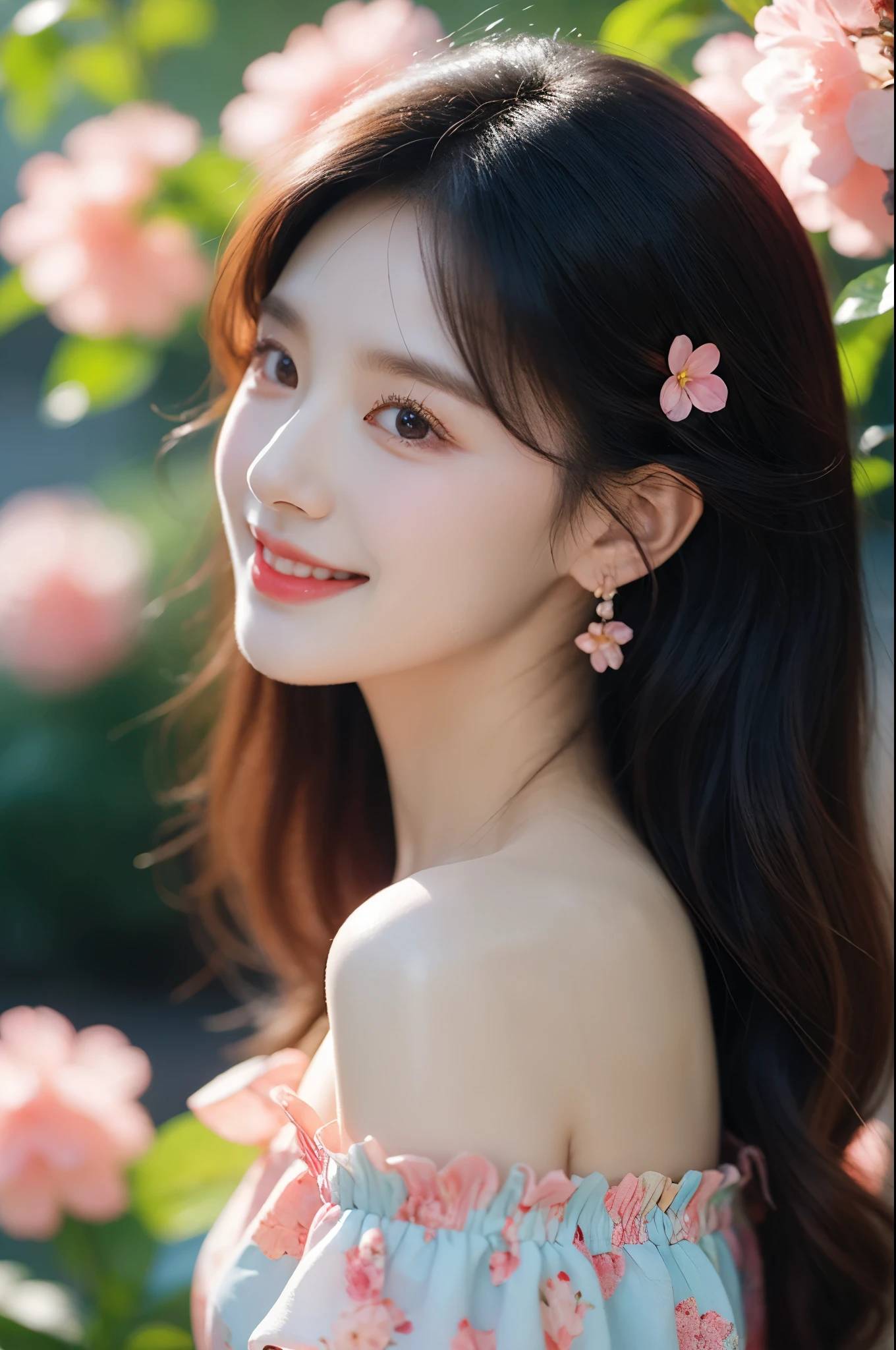 1girl,bare_shoulders,blurry,brown_eyes,brown_hair,cherry_blossoms,daisy,dress,earrings,floral_background,floral_print,flower,flower_earrings,jewelry,lily_\(flower\),lips,long_hair,looking_at_viewer,lotus,petals,pink_flower,realistic,smile,solo,teeth,white_flower,