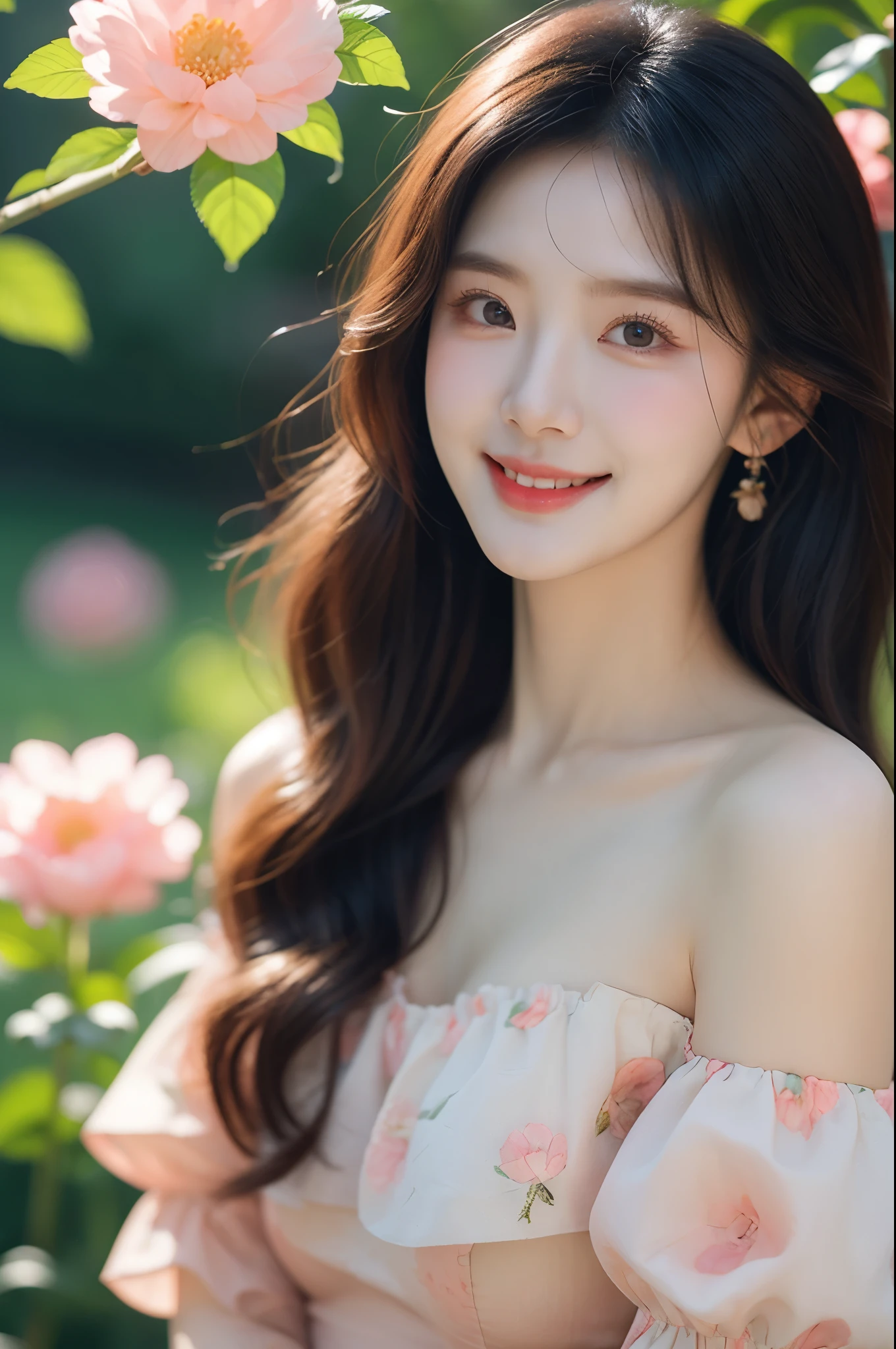 1girl,bare_shoulders,blurry,brown_eyes,brown_hair,cherry_blossoms,daisy,dress,earrings,floral_background,floral_print,flower,flower_earrings,jewelry,lily_\(flower\),lips,long_hair,looking_at_viewer,lotus,petals,pink_flower,realistic,smile,solo,teeth,white_flower,