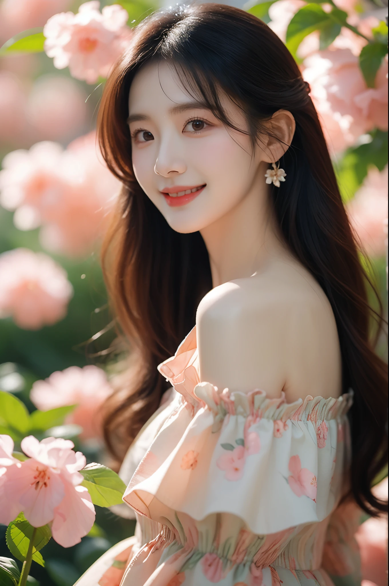 1girl,bare_shoulders,blurry,brown_eyes,brown_hair,cherry_blossoms,daisy,dress,earrings,floral_background,floral_print,flower,flower_earrings,jewelry,lily_\(flower\),lips,long_hair,looking_at_viewer,lotus,petals,pink_flower,realistic,smile,solo,teeth,white_flower,