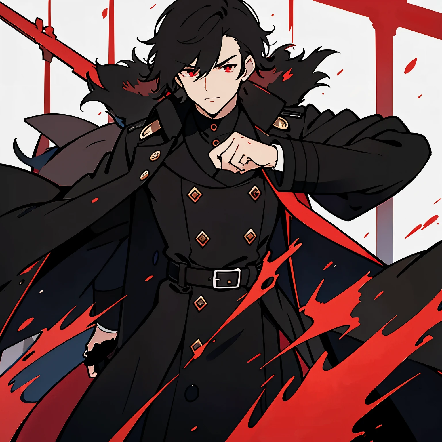 Guy, black trench coat, red eyes, black hair, tall, handsome