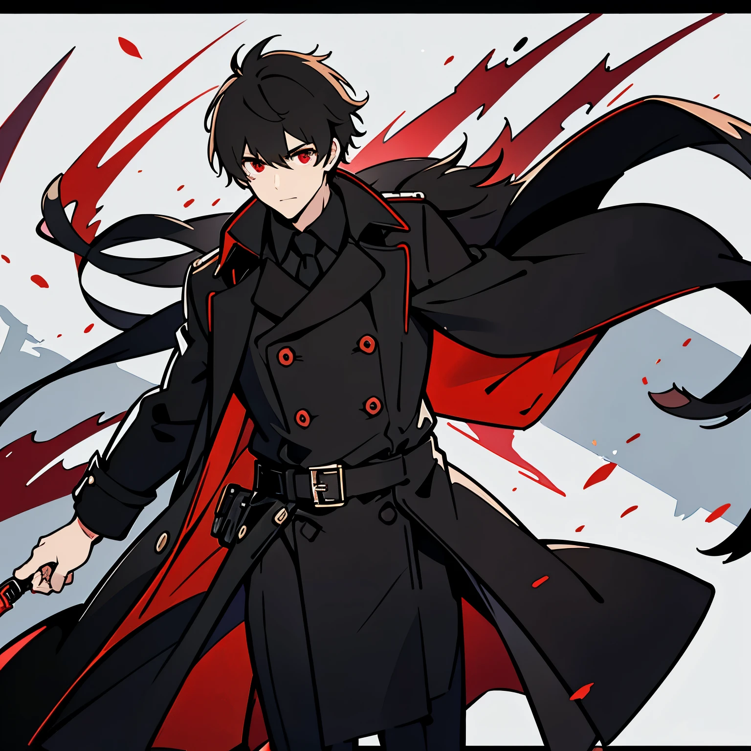 Guy, black trench coat, red eyes, black hair, tall, handsome