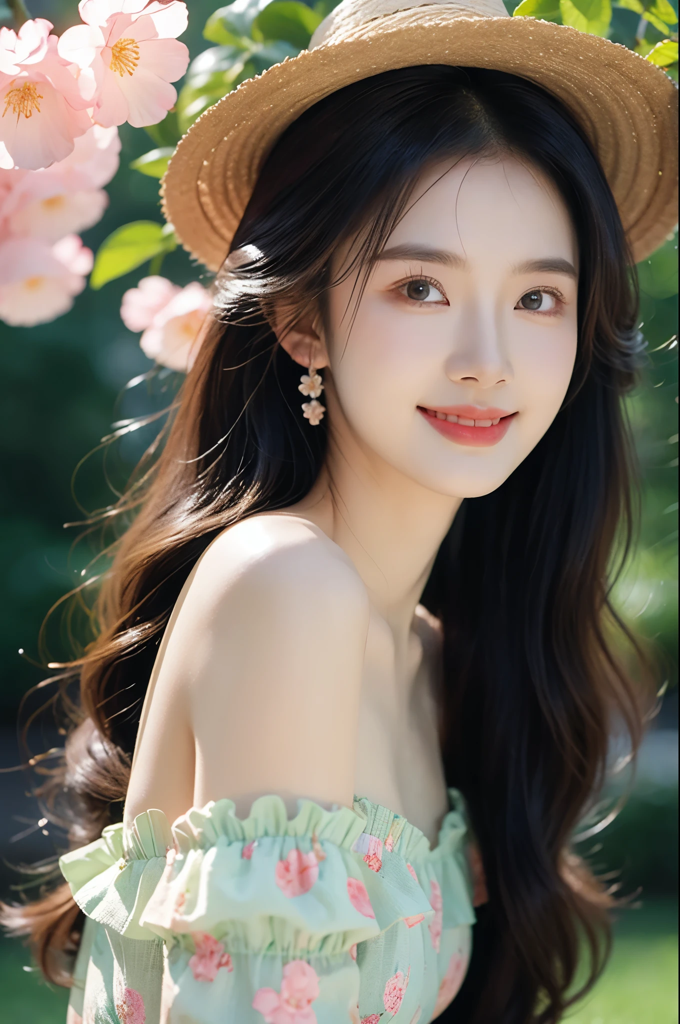 1girl,bare_shoulders,blurry,brown_eyes,brown_hair,cherry_blossoms,daisy,dress,earrings,floral_background,floral_print,flower,flower_earrings,jewelry,lily_\(flower\),lips,long_hair,looking_at_viewer,lotus,petals,pink_flower,realistic,smile,solo,teeth,white_flower,straw hat，带着黄色straw hat