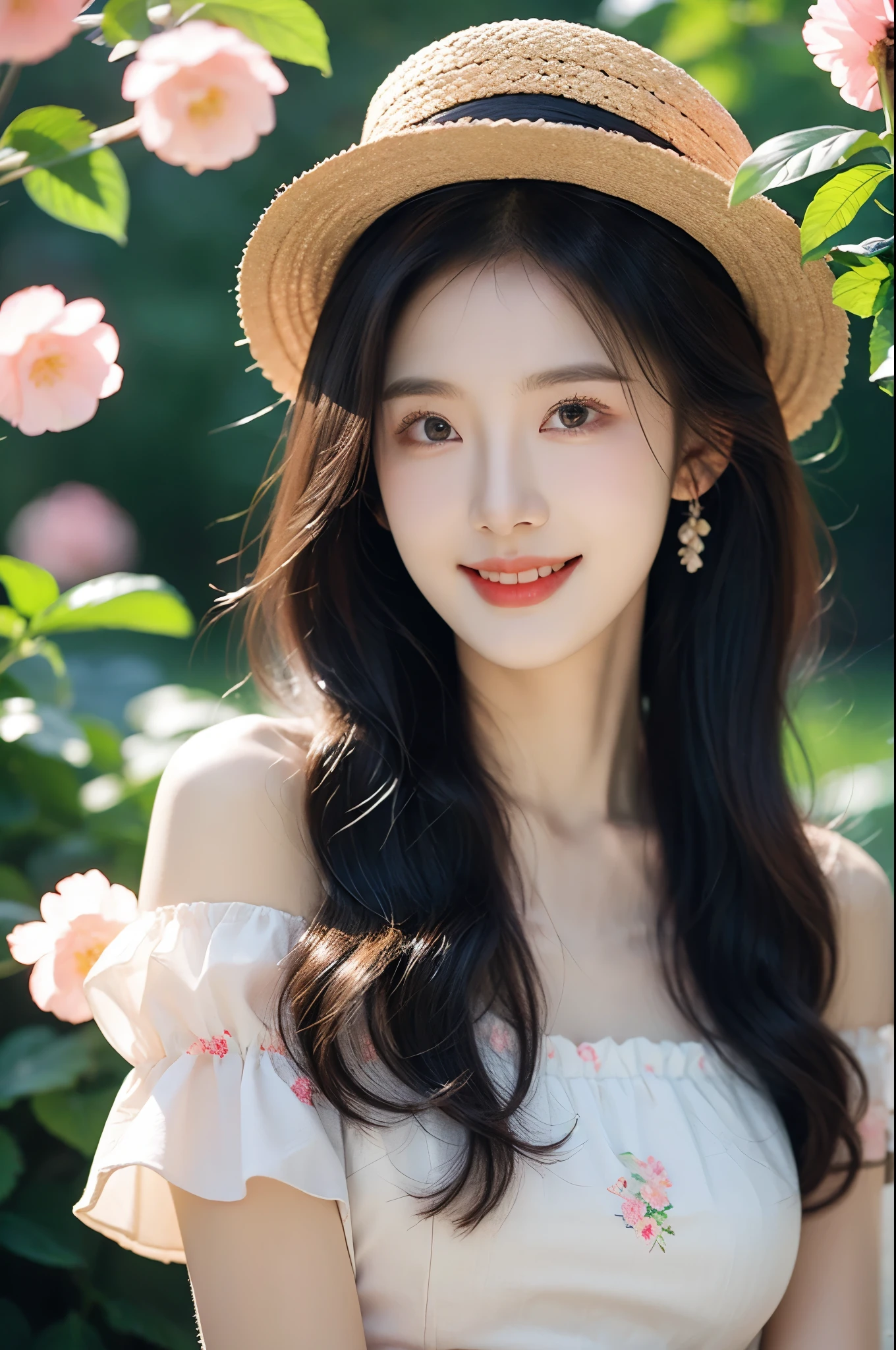 1girl,bare_shoulders,blurry,brown_eyes,brown_hair,cherry_blossoms,daisy,dress,earrings,floral_background,floral_print,flower,flower_earrings,jewelry,lily_\(flower\),lips,long_hair,looking_at_viewer,lotus,petals,pink_flower,realistic,smile,solo,teeth,white_flower,straw hat，带着黄色straw hat