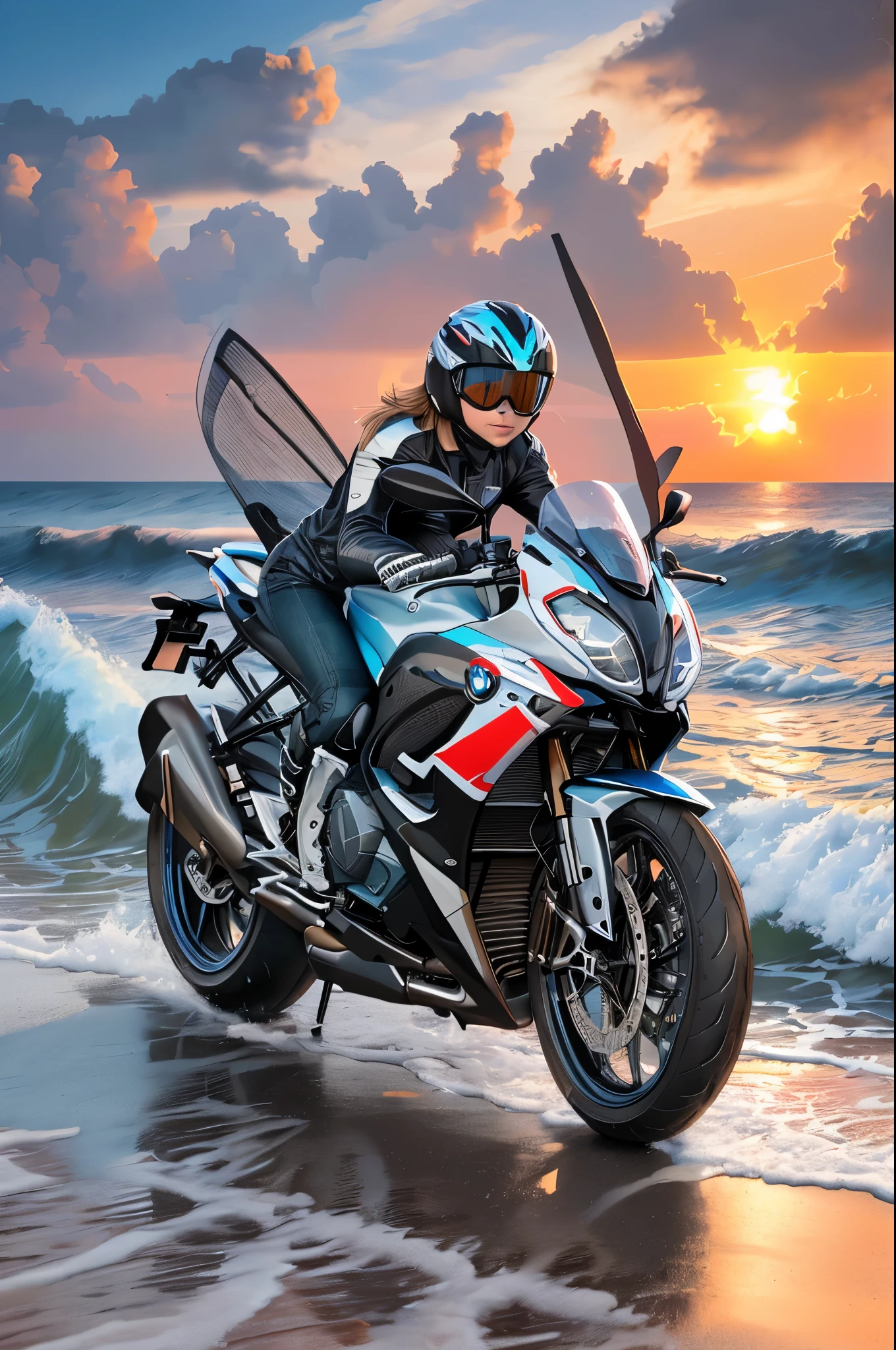 BMW motorcycle parked on the beach at sunset with ocean waves, r6, 4k -4, portrait shot, hard morning light, highly photographic render, motorcycles, high contrast hyperrealism 8k, alexey egorov, photographed, digitally painted, dusk setting, motorcycle, [ 4 k photorealism ], f32, f 3 2, high quality wallpaper