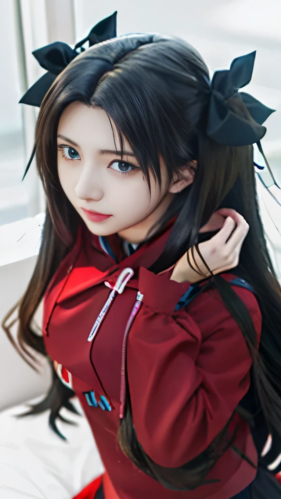 anime girl with long black hair and blue eyes in red shirt, rin tohsaka, anime style like fate/stay night, fate / stay night, anime moe artstyle, fate stay night, female anime character, an anime girl, anime visual of a cute girl, ilya kuvshinov with long hair, profile of anime girl, anime girl with long hair