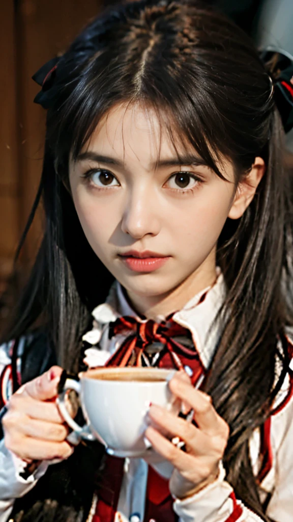 anime girl holding a cup of coffee in her hands, is ((drinking a cup of tea)), anime style like fate/stay night, close up iwakura lain, iwakura lain, ilya kuvshinov with long hair, rin tohsaka, extremely cute anime girl face, anime visual of a cute girl, anime moe artstyle, perfect anime face