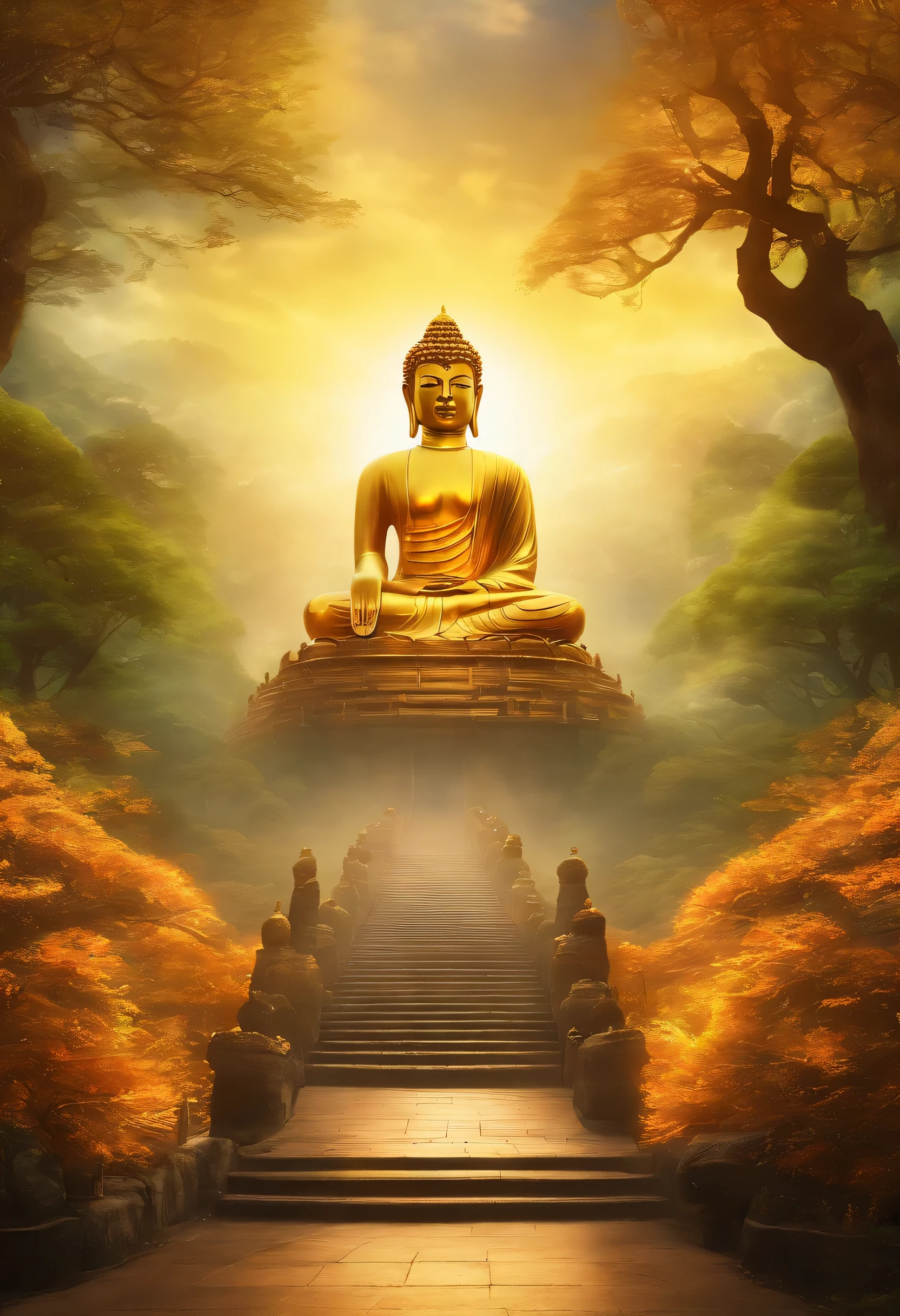 Big Buddha statue in the distance,Golden Buddha statue, texture, High, majestic, inverted image, background illuminated by sunlight, towering trees, Pilgrims walk the road. The composition is beautiful, With masterpieces, detail, and HD