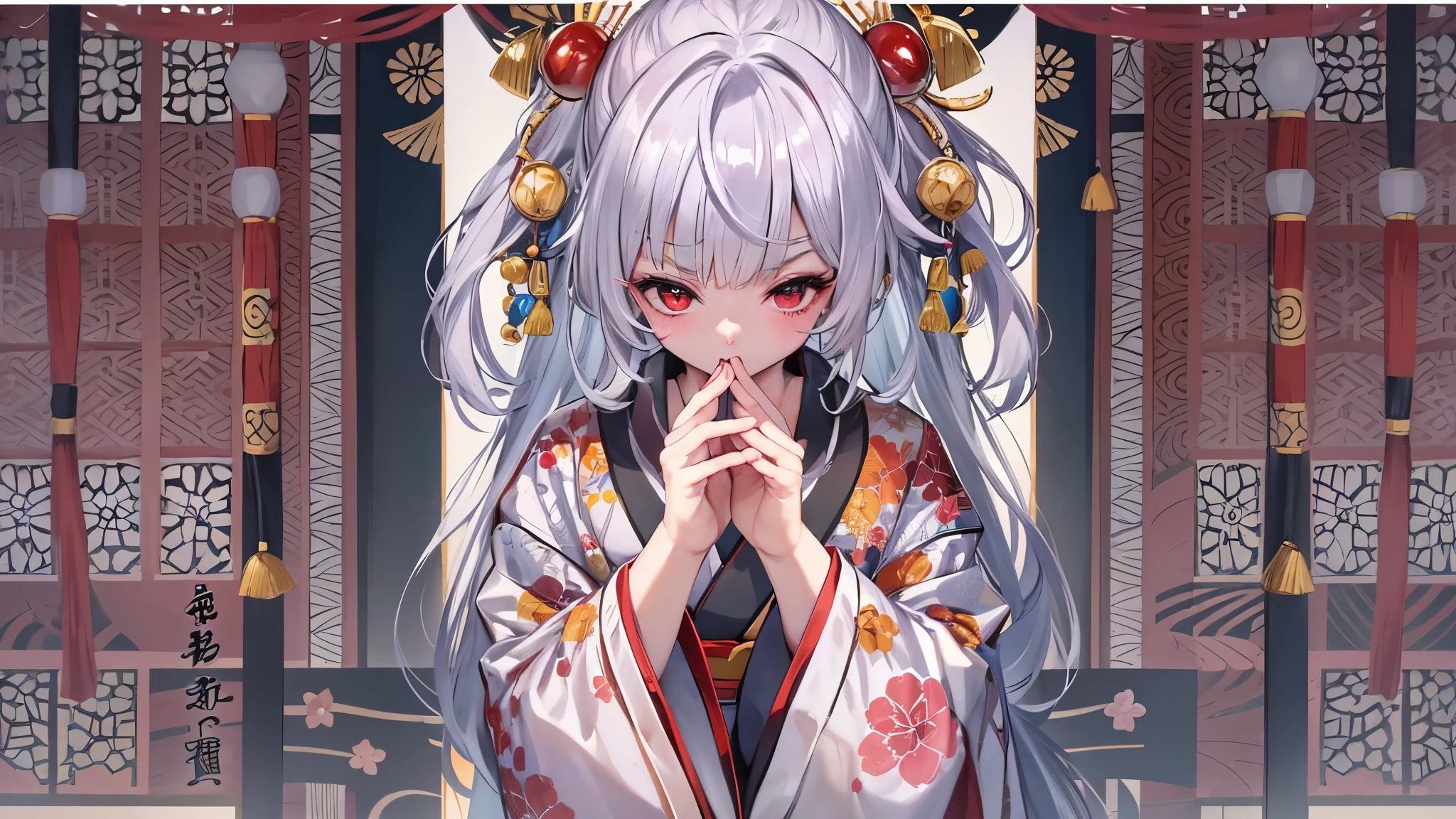 (Kabuki actors silver hair immensely beautiful girly boy, kabuki makeup face, detailed red eyes, in a immensely kabuki kimono) is (((playing female roles at Hakataza Theater))), break, perfect anatomy, masterpiece:1.2, best quality, 8k, beautiful detailed grow, daydreaming expression.