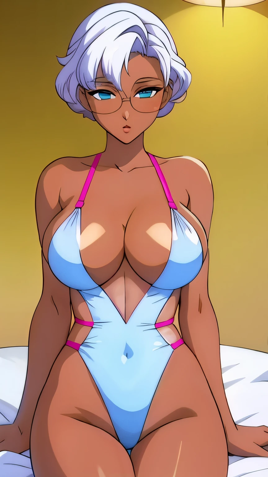 (masterpiece, best quality:1.2), Anki Himemiya,1 girl, alone,Sophisticated white hair color，short hair，( Wearing a transparent gold high-cut swimsuit:1.2)，sleep in bed，too big,glowing skin，dark skin，wear glasses（（（shy expression）））blush，legs spread，pastel tones，超big breasts,big breasts，large breast size，big breasts, Breasts are very，pink lips