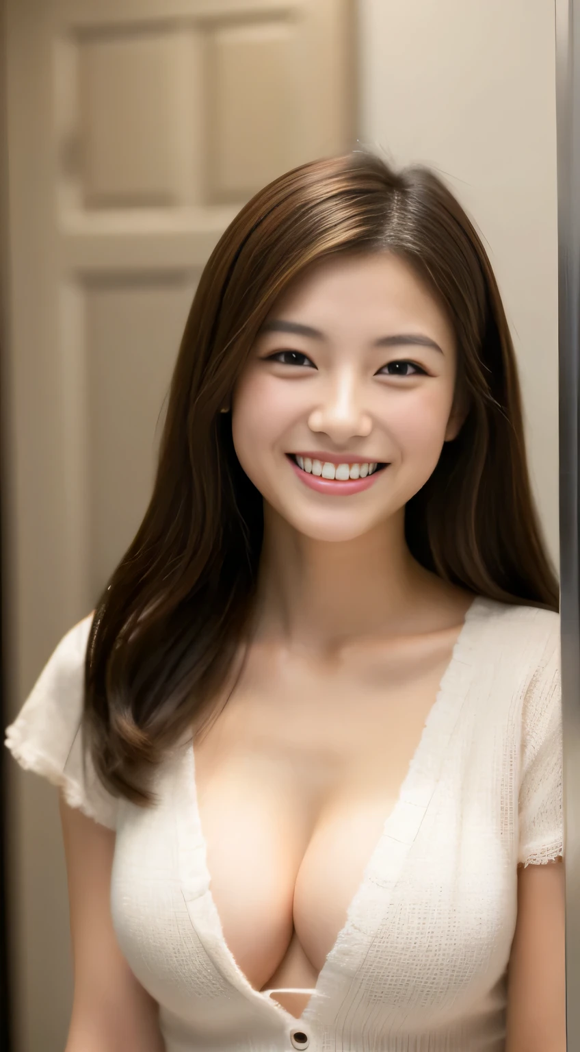 Japanese ),((beautiful girl)),cleavage,An expression that imagines something pleasant:1.2,(perfect body beauty:1.2),((perfect body)),(shy smile),beautiful teeth,