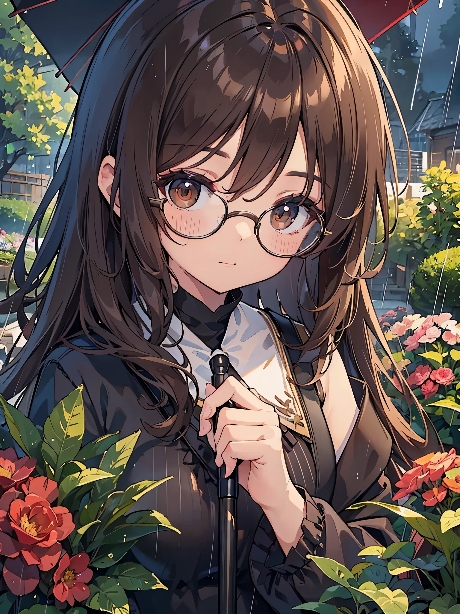 1 woman、brown hair(long)、brown eyes、black round glasses、 best quality、Super detailed、8K resolution、Raw photo、muste piece、seductive 、gorgeous face、perfect body、rain、umbrella、garden