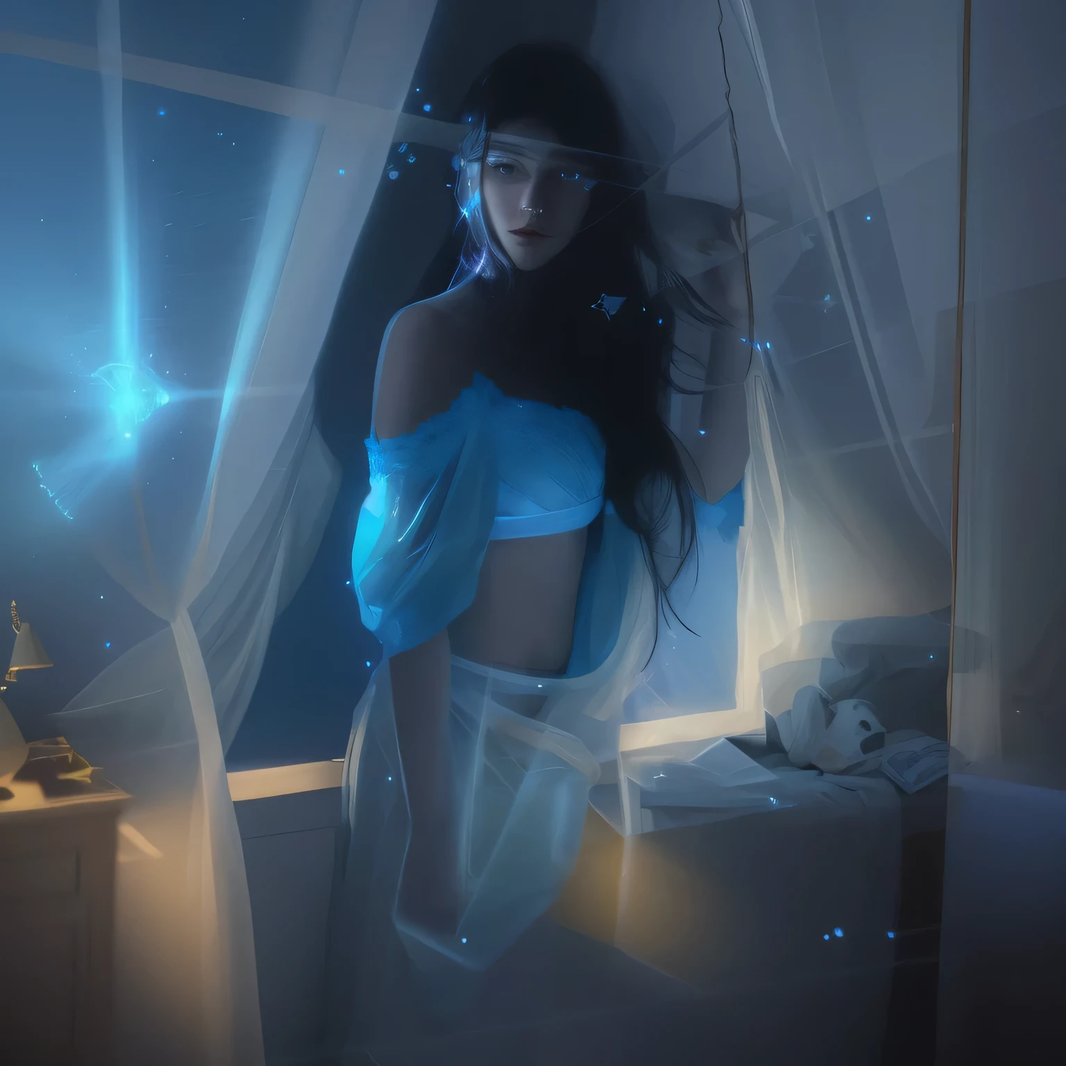 Illustration of a woman lying on a bed with a book in her hands, astral projection, quality astral projection render, magic realism painting, Rob Ray, realistic fantasy illustration, Cyril Rolando와 m. w kaluta, Cyril Rolando와 m.w kaluta, Cyril Rolando, Alexander Kucharsky, astral travel, Science Fantasy Painting, realistic fantasy illustration, A woman with long black hair appears at the window with a dazzling blue light..