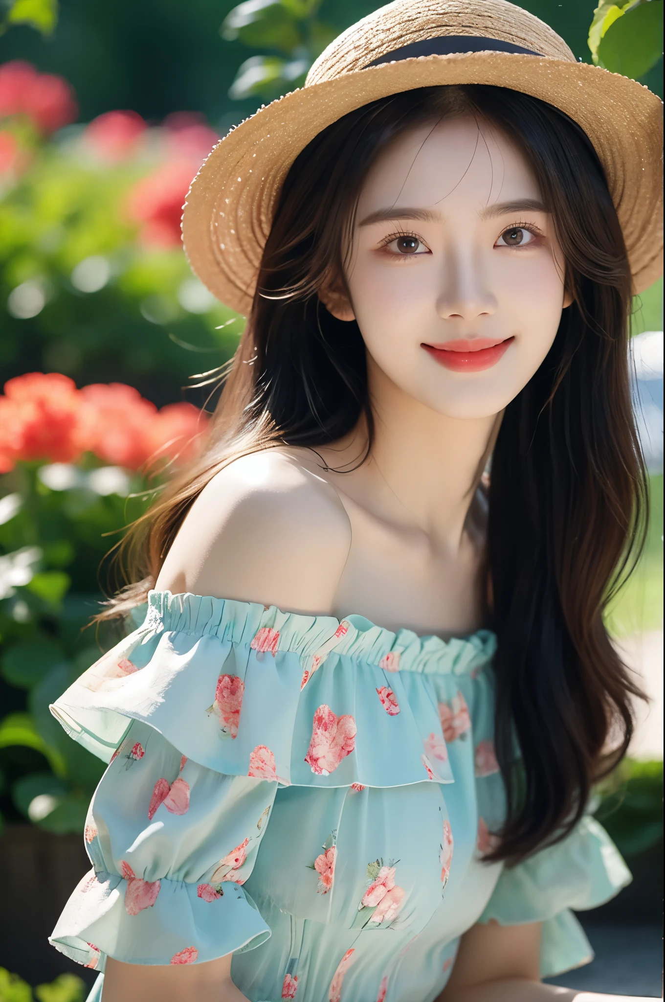 1girl,bangs,bare_shoulders,blurry,blurry_background,breasts,day,depth_of_field,dress,floral_print,flower,hair_over_shoulder,hat,jewelry,lips,long_hair,looking_at_viewer,off_shoulder,open_mouth,outdoors,realistic,shirt,short_sleeves,smile,solo,straw_hat,sun_hat,teeth,upper_body,looking into camera