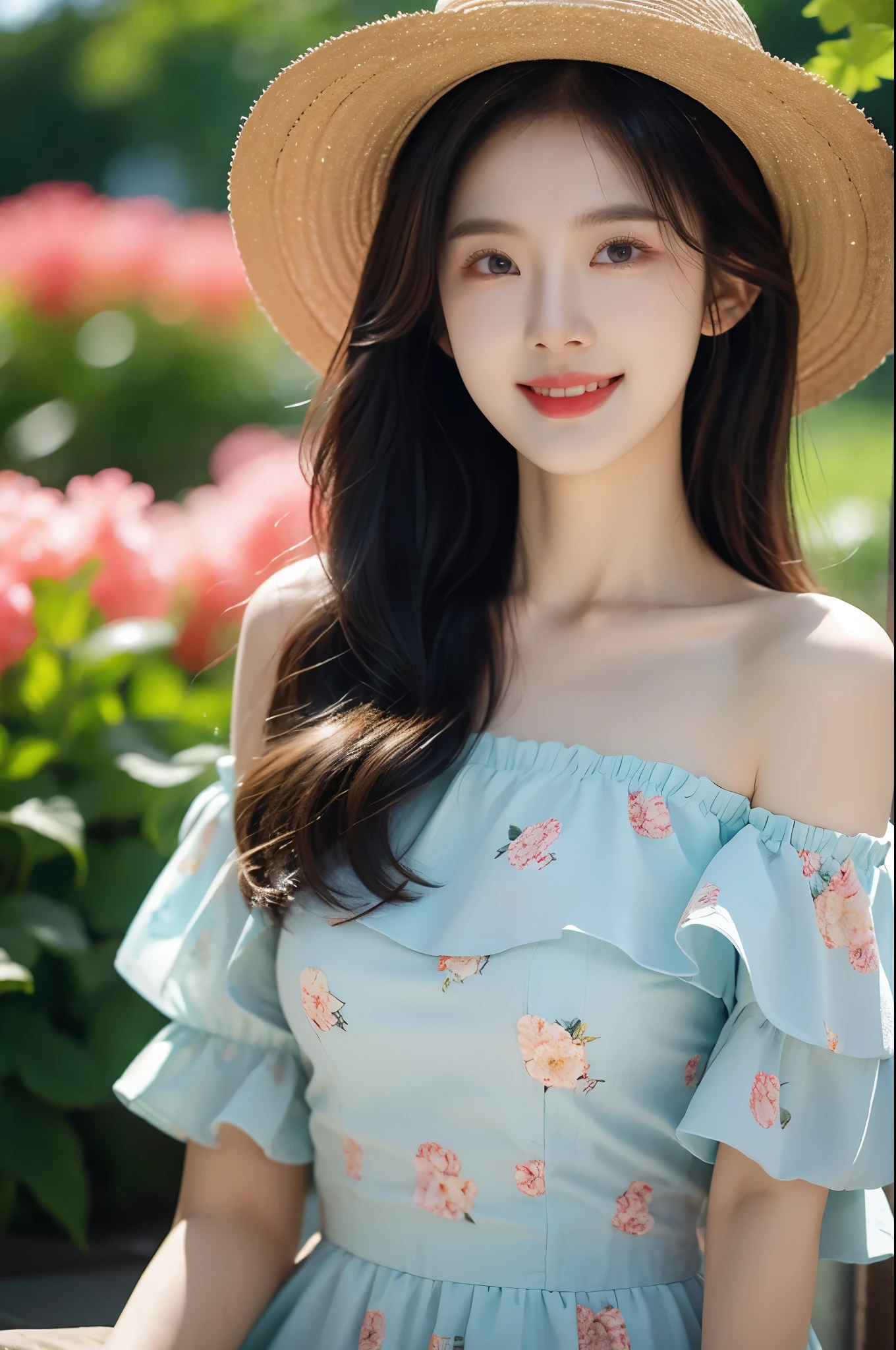 1girl,bangs,bare_shoulders,blurry,blurry_background,breasts,day,depth_of_field,dress,floral_print,flower,hair_over_shoulder,hat,jewelry,lips,long_hair,looking_at_viewer,off_shoulder,open_mouth,outdoors,realistic,shirt,short_sleeves,smile,solo,straw_hat,sun_hat,teeth,upper_body,looking into camera