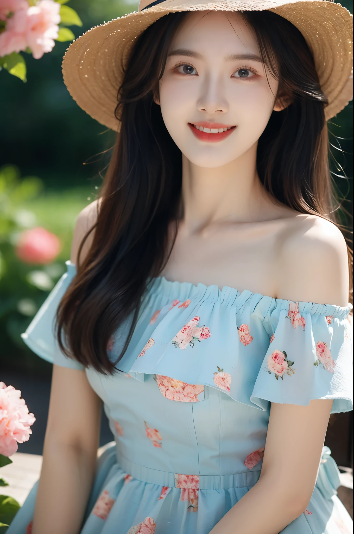 1girl,bangs,bare_shoulders,blurry,blurry_background,breasts,day,depth_of_field,dress,floral_print,flower,hair_over_shoulder,hat,jewelry,lips,long_hair,looking_at_viewer,off_shoulder,open_mouth,outdoors,realistic,shirt,short_sleeves,smile,solo,straw_hat,sun_hat,teeth,upper_body,looking into camera