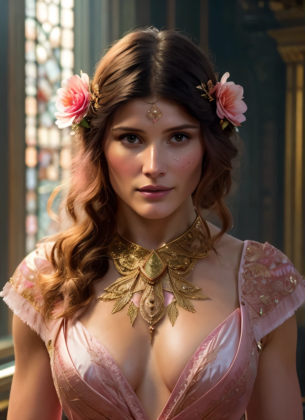 Looks like Gemma Arterton, (symmetry:1.1) (portrait of floral:1.05) a woman as a beautiful goddess, (assassins creed style:0.8), pink and gold and opal color scheme, beautiful intricate filegrid facepaint, intricate, elegant, highly detailed, digital painting, artstation, concept art, smooth, sharp focus, illustration, art by greg rutkowski and alphonse mucha, 8k