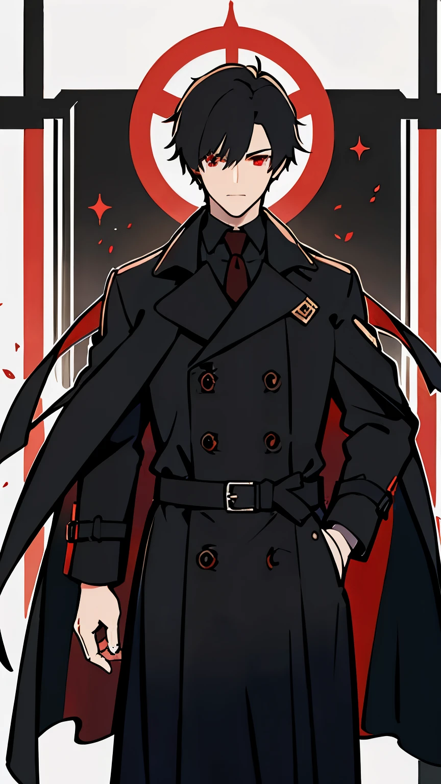 Guy, black trench coat, red eyes, black hair, tall, handsome