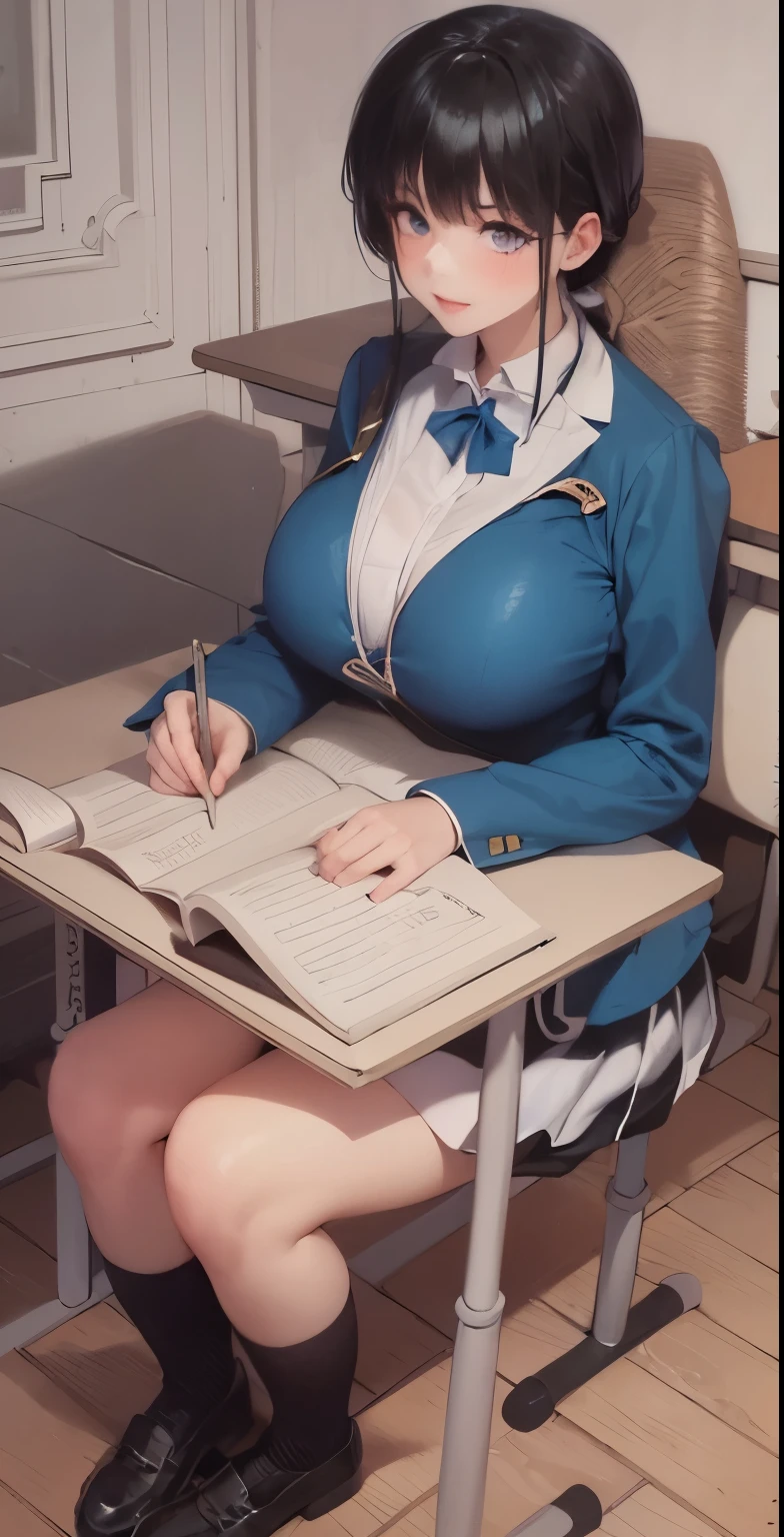 Masterpiece, award wining, high quality, beautiful poses, 1girl, ponytail dark blue hair, violet eyes, blue jacket, white shirt, blue skirt, red ribbon, big breasts, sitting, embarrassed face, perfect legs, big smile, perfect hand, five fingers, black socks, brown shoes