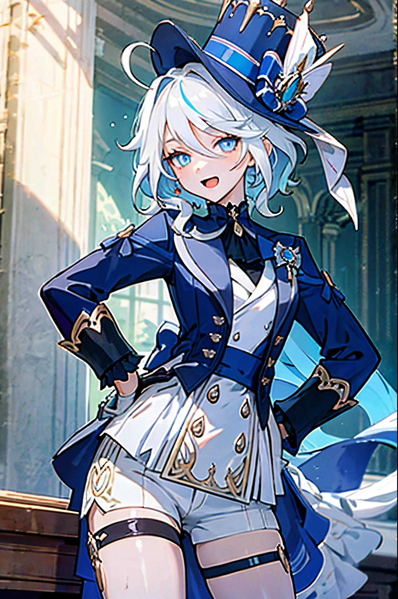 Perfect Lighting, extremely details CG, (Perfect hands, Perfect Anatomy),​masterpiece,1girl in, Freena\(GenshinImpact\),Blue eyes, white hair, Mismatched gloves, Top hat, Blue jacket, Short shorts, Thigh strap, waist cape, Looking at Viewer, Open mouth, Naughty face, put hands on the hip, Cowboy Shot, theater,inside in room