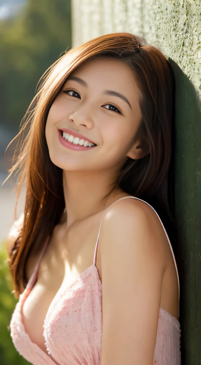 Japanese ),((beautiful girl)),cleavage,An expression that imagines something pleasant:1.2,(perfect body beauty:1.2),((perfect body)),(shy smile),beautiful teeth,