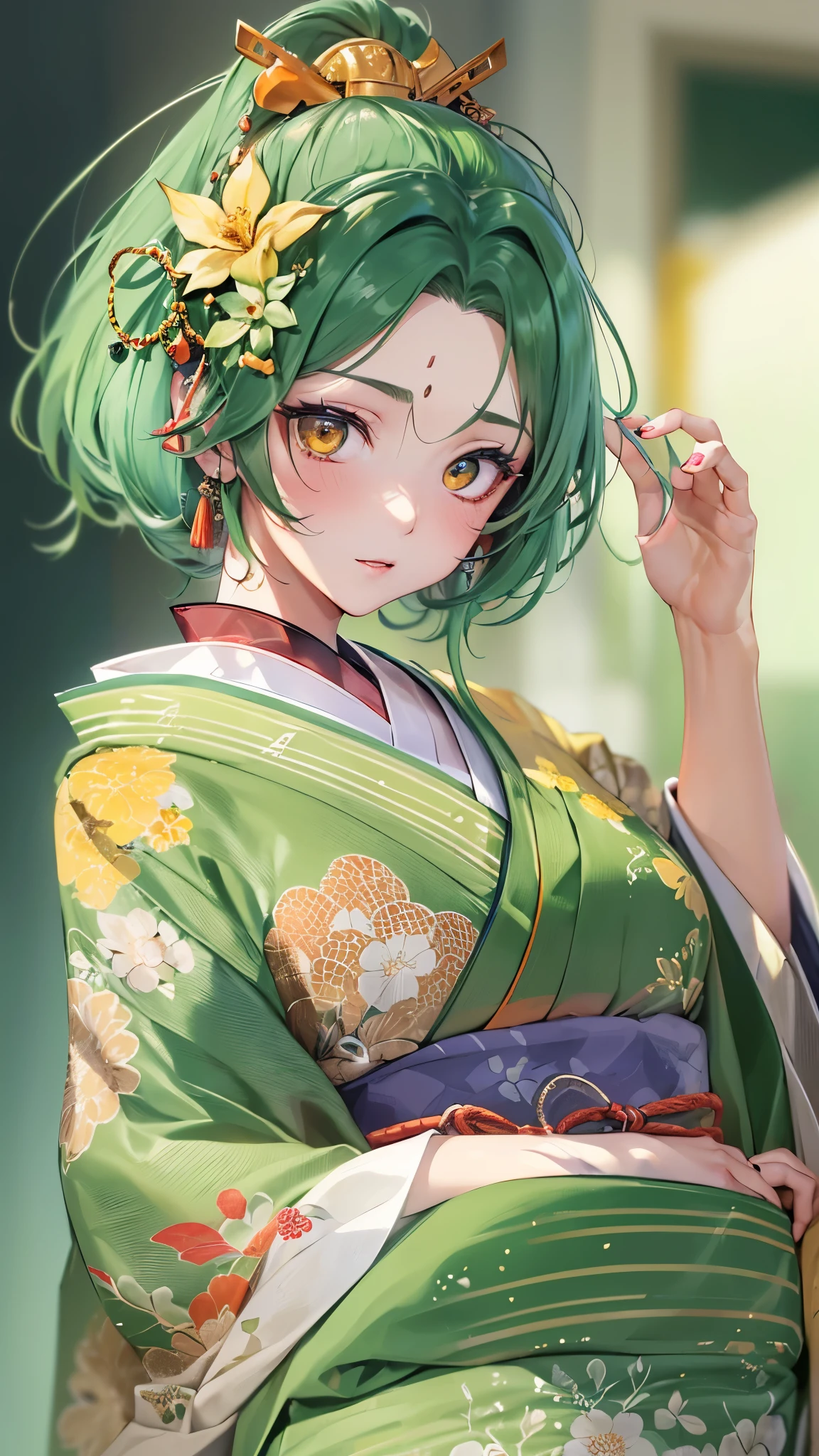 (solo:1.3 Kabuki actors, kabuki hair  green hair immensely cute girl, kabuki makeup face, detailed yellow eyes, in a immensely green kabuki kimono) is (((playing female roles at Hakataza Theater))),  break, perfect anatomy, masterpiece:1.2, best quality, 8k, beautiful detailed grow, daydreaming expression.