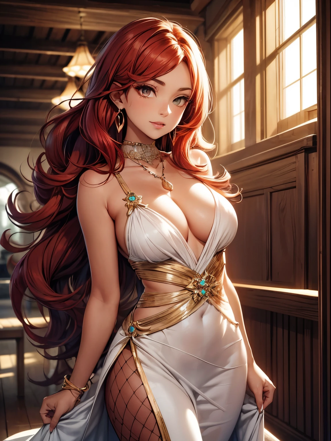 The woman has a vibrant mane of thick, wavy red hair that cascades down to her shoulders. Her hair shines with a fiery hue, exhibiting various shades of red, from deep auburn to vibrant copper. It  styled in loose waves that frame her face, adding a touch of elegance to her overall appearance.

Her face has a soft and gentle charm. She possesses a heart-shaped face with a slender jawline and high cheekbones. Her complexion  a beautiful combination of warm tones, showcasing a bronzed, morena alaranjada skin color. The sun-kissed glow enhances her features, giving her an alluring radiance.

Her eyes are a striking shade of hazel, reminiscent of the autumn leaves. They are adorned with long, dark lashes that flutter gently whenever she blinks, drawing attention to her expressive gaze. Her eyebrows are well-defined, framing her eyes perfectly and adding depth to her overall look.

As for her body, she has a slender yet curvaceous figure. Her height  around 5'7" (170 cm), and she carries herself with grace and confidence. Her physique  lean and athletic, suggesting an active lifestyle. While her weight can vary depending on personal preference, she has a healthy and toned appearance.

In addition to her captivating hair and complexion, she has a warm smile that brightens up her face. Her lips are full and naturally rosy, giving a touch of softness to her features. Her style  feminine and elegant, reflecting her refined taste. The light emerald green dress she wears complements her red hair, and its flowing fabric drapes gracefully around her figure, accentuating her curves.

To complete her ensemble, she accessorizes with delicate silver jewelry, including a necklace with a small pendant that rests gently on her collarbone. She wears matching earrings that dangle subtly, catching the light and adding a touch of sparkle to her appearance.

Overall, this woman exudes a captivating and unique presence. Her fiery red hair, warm and bronzed complexion, and stylish c