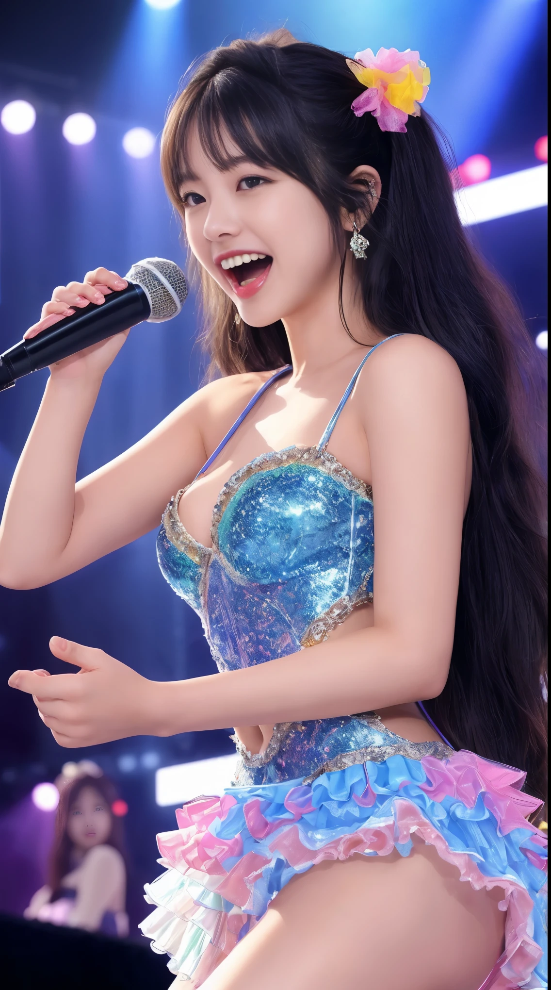 NSFW、masterpiece、最high quality、high quality、high quality、premium quality、wonderful品質、Exceptional quality、excellent quality、Luxury quality、excellent quality、best image quality、8k、super resolution、最High resolution、High resolution、最high quality、Rich shades、shining quality、crystal clear、realistic images、perfect details、Image without defects、clear image、wonderful表示、bright colors、deep contrast、high fidelity、amazing clarity、optimal performance、Well image、realistic、wonderful、perfect image、Close to reality、Realistic human body in every detail、Realistic skin in every detail、Realistic face in every detail、Realistic eyes in every detail、Realistic lips in every detail、Realistic teeth in every detail、Realistic ears down to the last detail、Realistic hair down to the last detail、Realistic arms down to the last detail、Realistic reproduction of every detail、Realistic fingers in every detail、(fine hands、thumb1reference4)、Realistic feet in every detail、pretty girl、beautiful girl、attractive girl、attractive young woman、wonderfulティーンエイジャー、adorable girl、Shining Girl、innocent girl、sweet girl、beautiful adolescent girl、cute young woman、 the girl who captures your heart、dazzling girl、elegant girl、((japanese model))、((18-year-old))、(black hair)、(straight hair)、((whole body))、((Upward beautiful breasts、Medium chest))、(slim style、slender style)、(whole body光沢肌、Fair skin)、Detailed and realistic human body、detailed realistic skin、detailed realistic face、detailed realistic arms、detailed realistic fingers、Detailed realistic feet、(professional lighting)、((big stage venue))、((large concert venue)、((big live venue))、(on stage)、((Idol))、((singer))、((Rainbow-colored transparent see-through(stage costume with frills))、(((on stage(microphone1have、Sing enthusiastically)))、(whole body映像)、angle from below、(Lots of galleries、large audience)