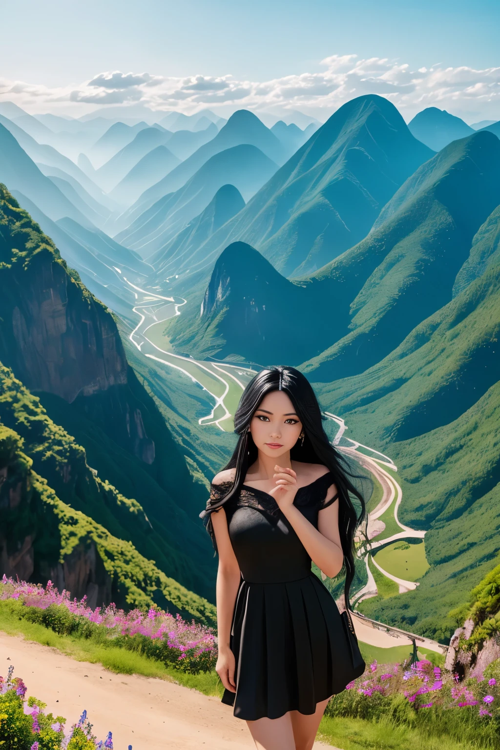 In a stunning depiction, a beautiful young woman with long black hair is elegantly dressed in a short dress at a scenic tourist location in China. This photograph captures her radiant beauty against the backdrop of the picturesque landscape. The vibrant colors and intricate details make the image truly mesmerizing, showcasing the exquisite elegance of the subject and the captivating scenery. The viewer is drawn into the scene, feeling as though they are witnessing a moment of pure beauty frozen in time.