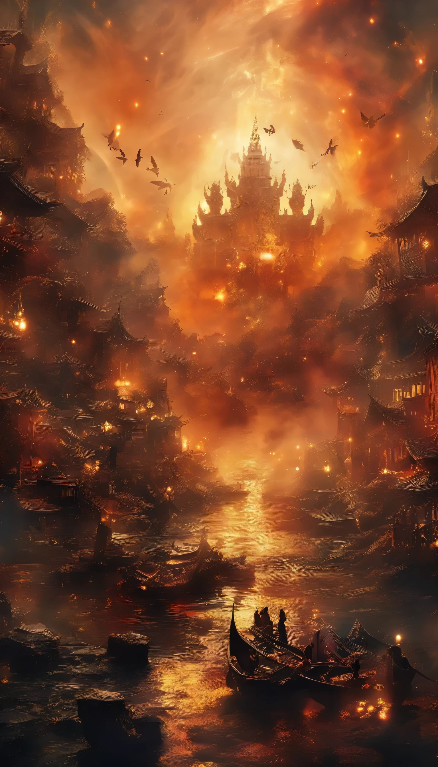 doomsday scene,tosen,collapsed building,rubble block,sparkle of fire,thick smoke,water surface,inverted image,sharp focus,Bokeh,written boundary depth,works of masters,super fine,surreal,8k,best image quality,detailed description,movie lighting,cinematic perspective