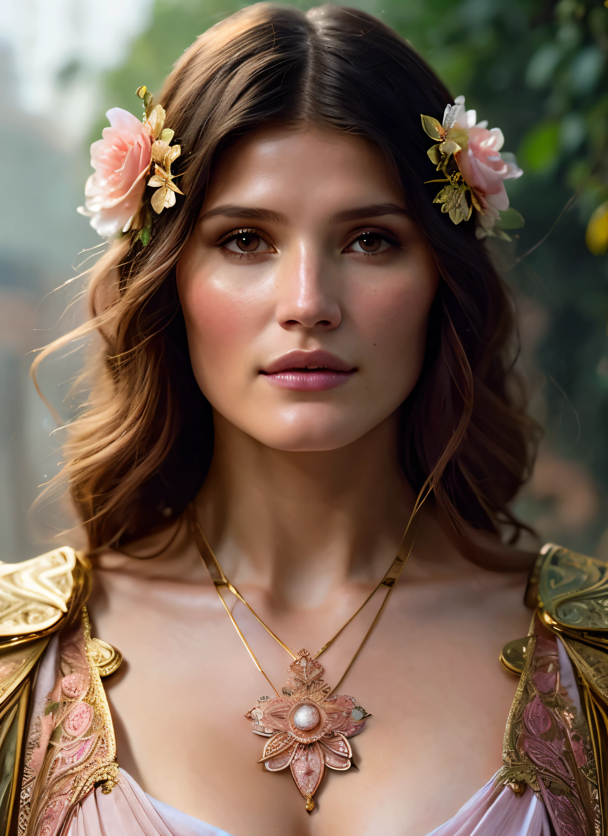 Looks like Gemma Arterton, (symmetry:1.1) (portrait of floral:1.05) a woman as a beautiful goddess, (assassins creed style:0.8), pink and gold and opal color scheme, beautiful intricate filegrid facepaint, intricate, elegant, highly detailed, digital painting, artstation, concept art, smooth, sharp focus, illustration, art by greg rutkowski and alphonse mucha, 8k