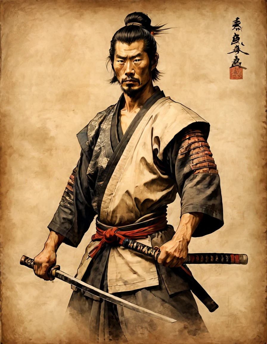 Samurai portrait, samurai painting, muscular samurai male painting, samurai, slender, short stature, incredibly muscular man, samurai, muscular samurai,on parchment