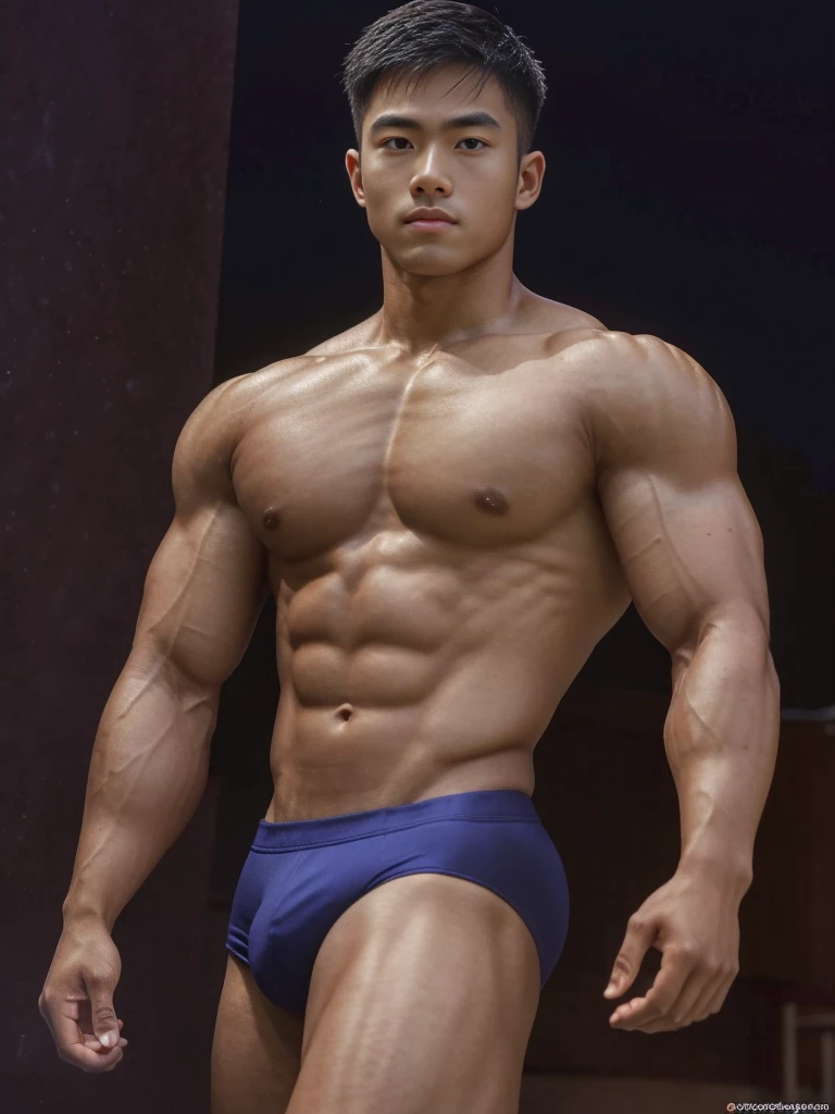 full body shot,wide shot,sports shoes,1boy,asian male, a young handsome muscular boy, bodybuilder, 19 years old, teenager face, virile, wearing sexy dark colored jockstraps, massive bulge, visible bulge line, chiseled face, puffy chest, (puffy dark nipples), sexy and cute, messy hair, dynamic hairstyles, detailed face, detailed eyes, big eye, soft smile, playful, smug, flexing and posing cockily, dynamic poses, confident, perfect hands, sexy and cute, realistic skin, dark skin, aesthetics, perfect hands, realistic, photorealistic, masterpiece, highest quality, perfect lightings, alley at night, modern day, photoshoot, award-winning photo, by Adonisjing