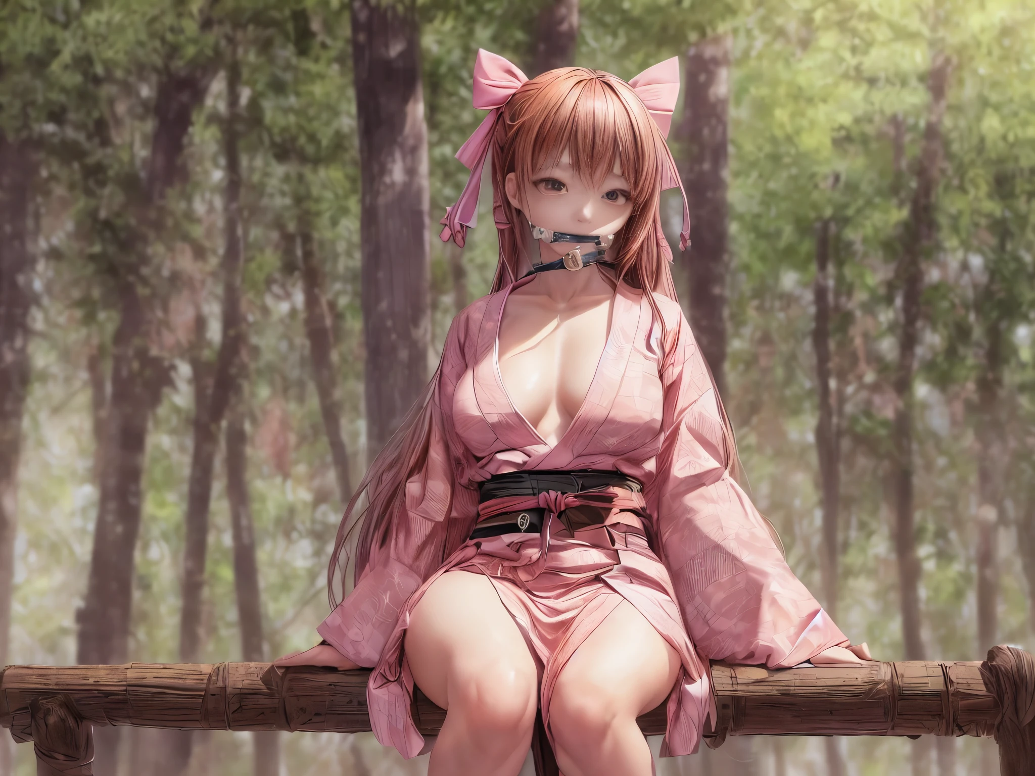 masterpiece, best quality, high resolution, Venus 1,1 girl, alone, Tsuko Kamoto, bamboo, brown hair, (((pink ribbon)) plaid belt, gag, gag, gradient hair, Haori, japanese clothes, kimono, long hair, looking at the audience, pink eyes, pink kimono, pink ribbon, alone,Has 3 breasts