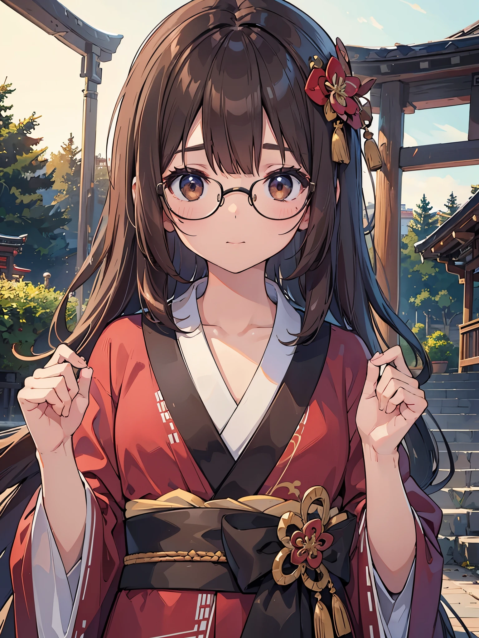 1 woman、brown hair(long)、brown eyes、black round glasses、 best quality、Super detailed、8K resolution、Raw photo、muste piece、seductive 、gorgeous face、perfect body、kimono、shrine