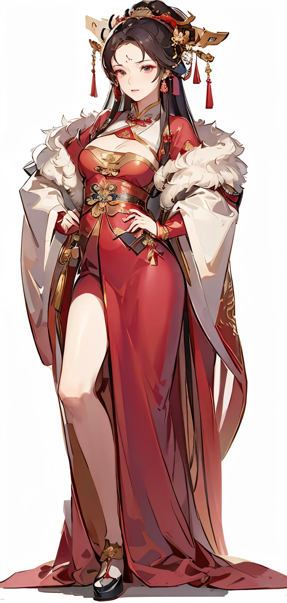 A woman wearing a red dress and a white cloak, Epic and beautiful character art, Beautiful full body concept art, ancient chinese style，national style，antiquity，exquisite depiction，Proud,Arrogant expression