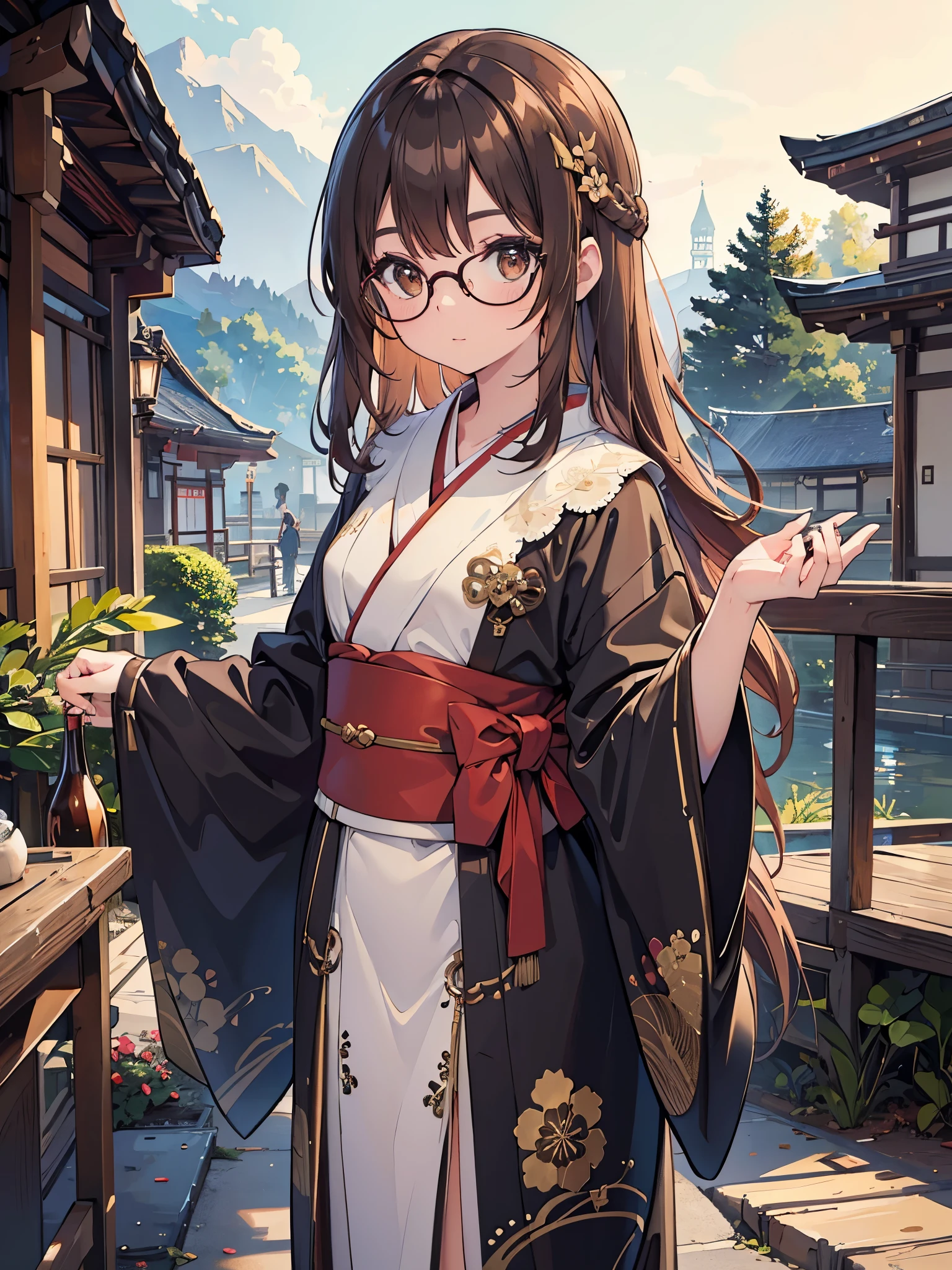 1 woman、brown hair(long)、brown eyes、black round glasses、 best quality、Super detailed、8K resolution、Raw photo、muste piece、seductive 、gorgeous face、perfect body、kimono、shrine