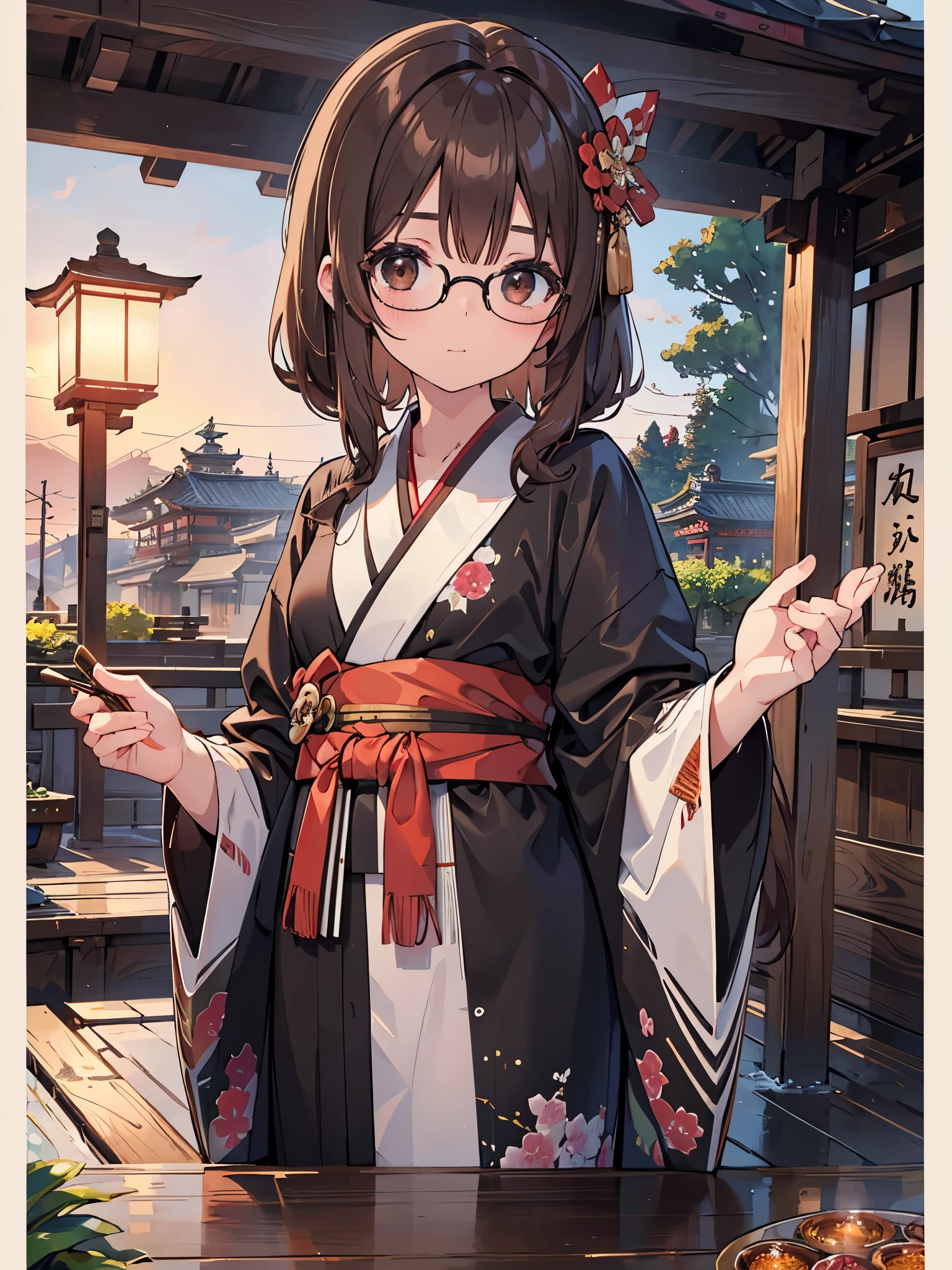 1 woman、brown hair(long)、brown eyes、black round glasses、 best quality、Super detailed、8K resolution、Raw photo、muste piece、seductive 、gorgeous face、perfect body、kimono、shrine