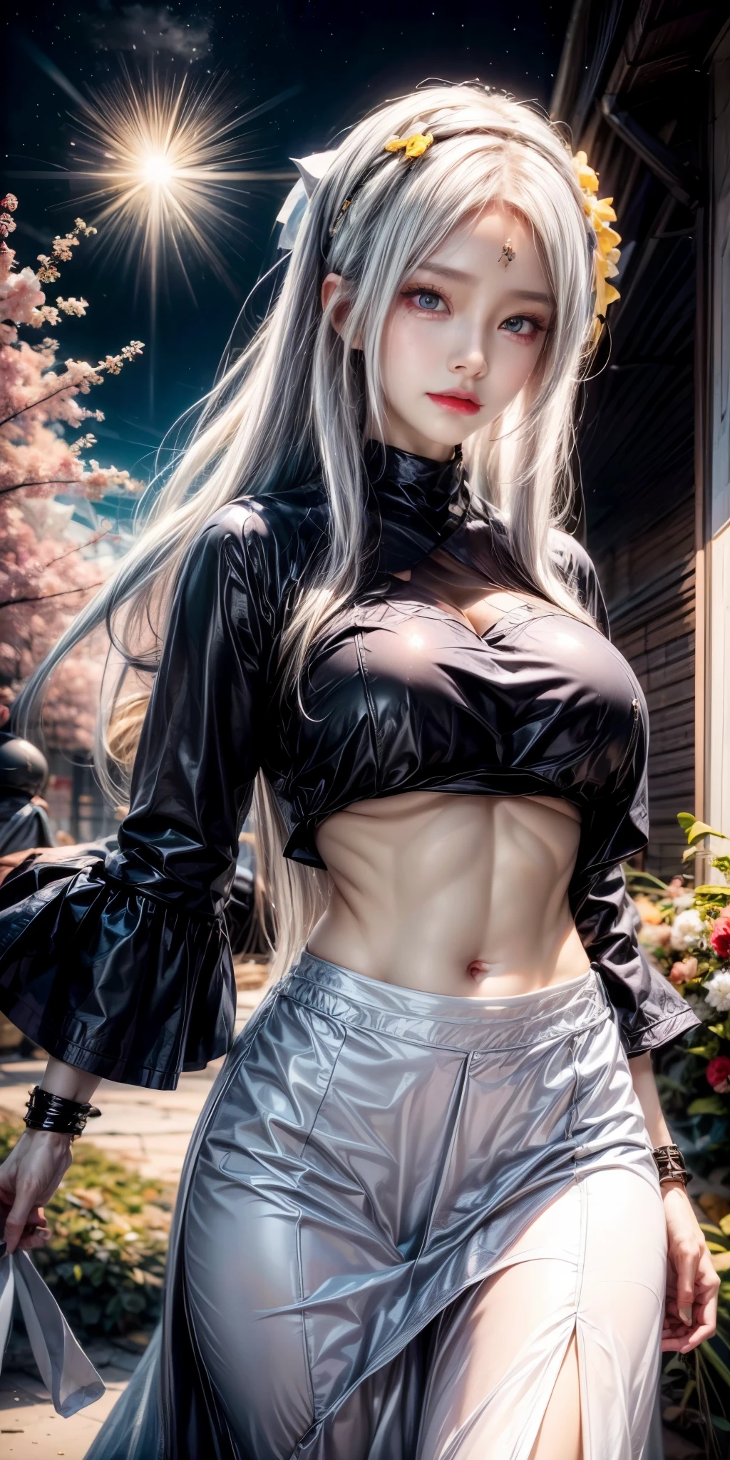 realistic, 1 woman, best quality, 12k, HD, 1080p, wearing Allstars shoes, long hair, big round breasts, cleavage, ponytail, necklace, jewelry, dress, mini, mini pants, slim hips, hair tie, yellow eyes , black hair, super details, Eye details, Hair details, Person details, Mouth details, Face details, Breast details, Clothes details, Hair details, Pants details, Hand details, Full body