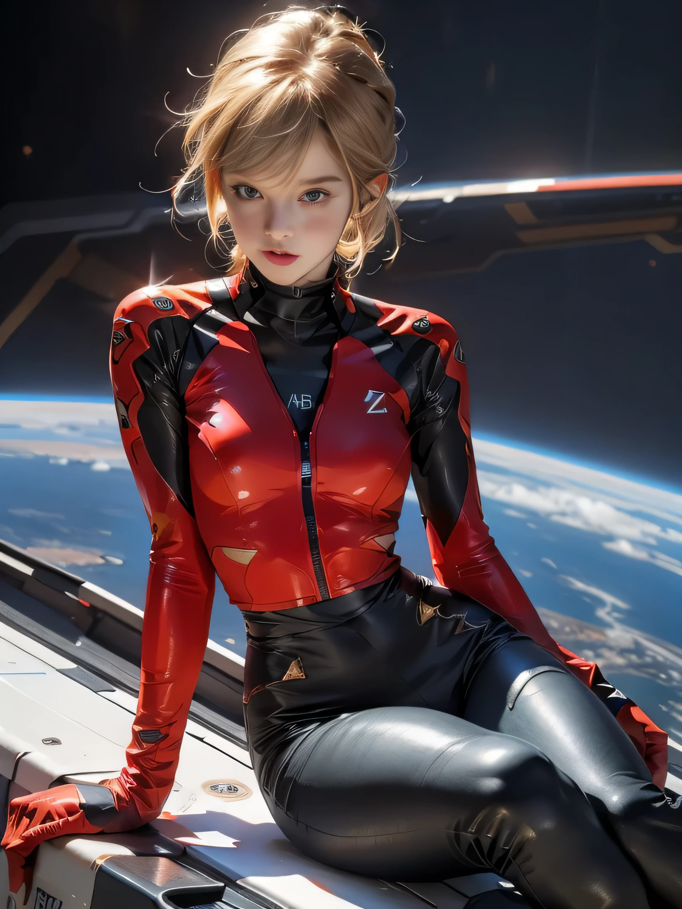 teen emma watson dressed in a plugsuit of evangelion blonde. freckles. sparkly blue eyes that speak of innocence and acceptance. Slender frame and beautiful figure. tight red pants. crop top. reading while lying outside a spaceship. ripped clothes exposing muscle. sci-fi. , Full body Shot